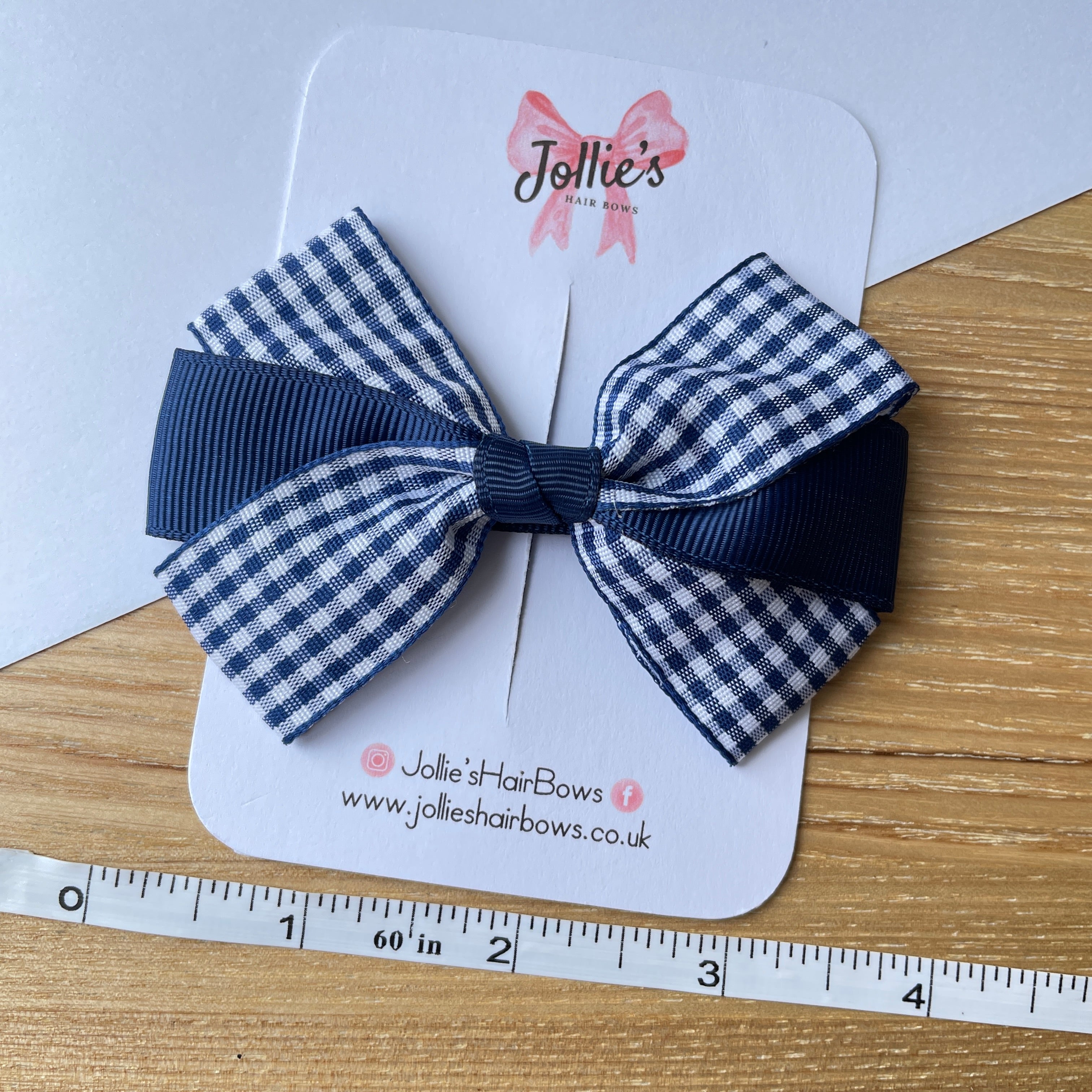 3.5inch Bow with Clip - Navy Gingham