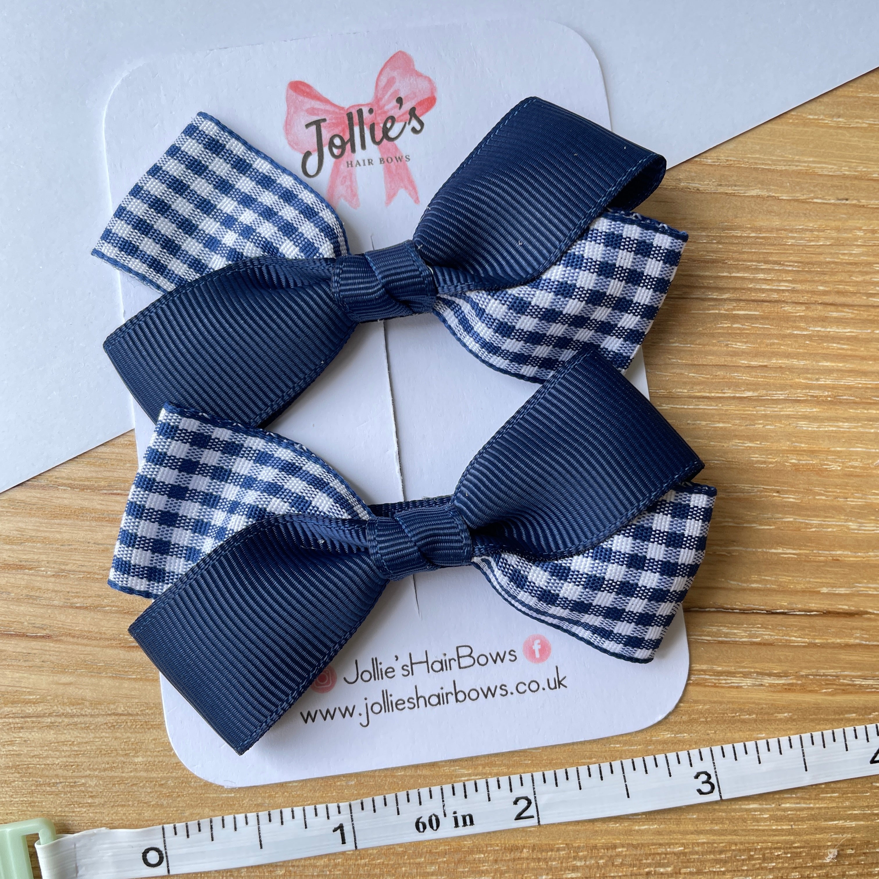 3inch Bow with Clip (pair) - Navy Gingham