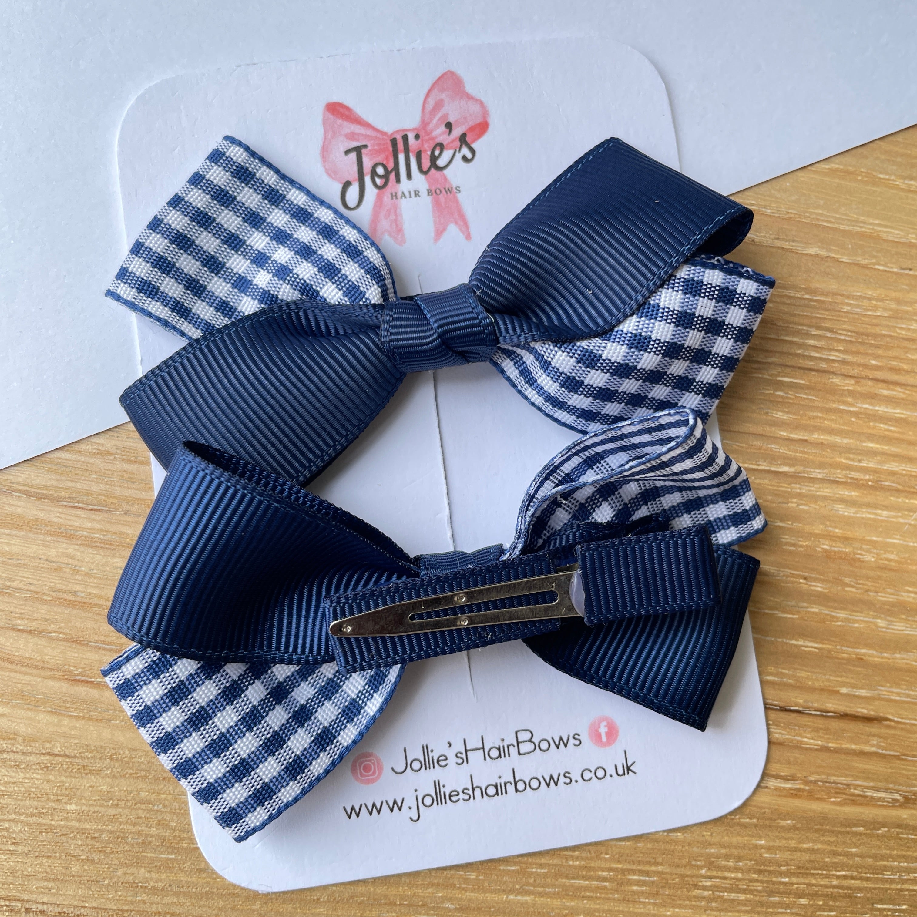 3inch Bow with Clip (pair) - Navy Gingham