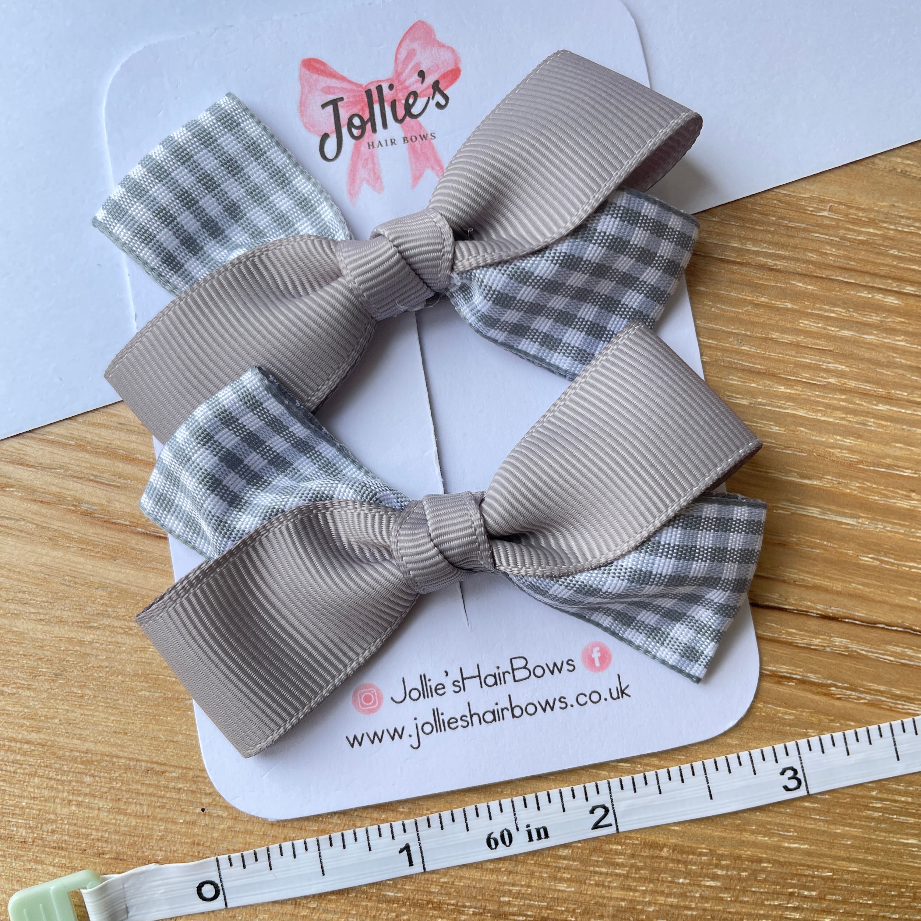 3inch Bow with Clip (pair) - Silver Gingham