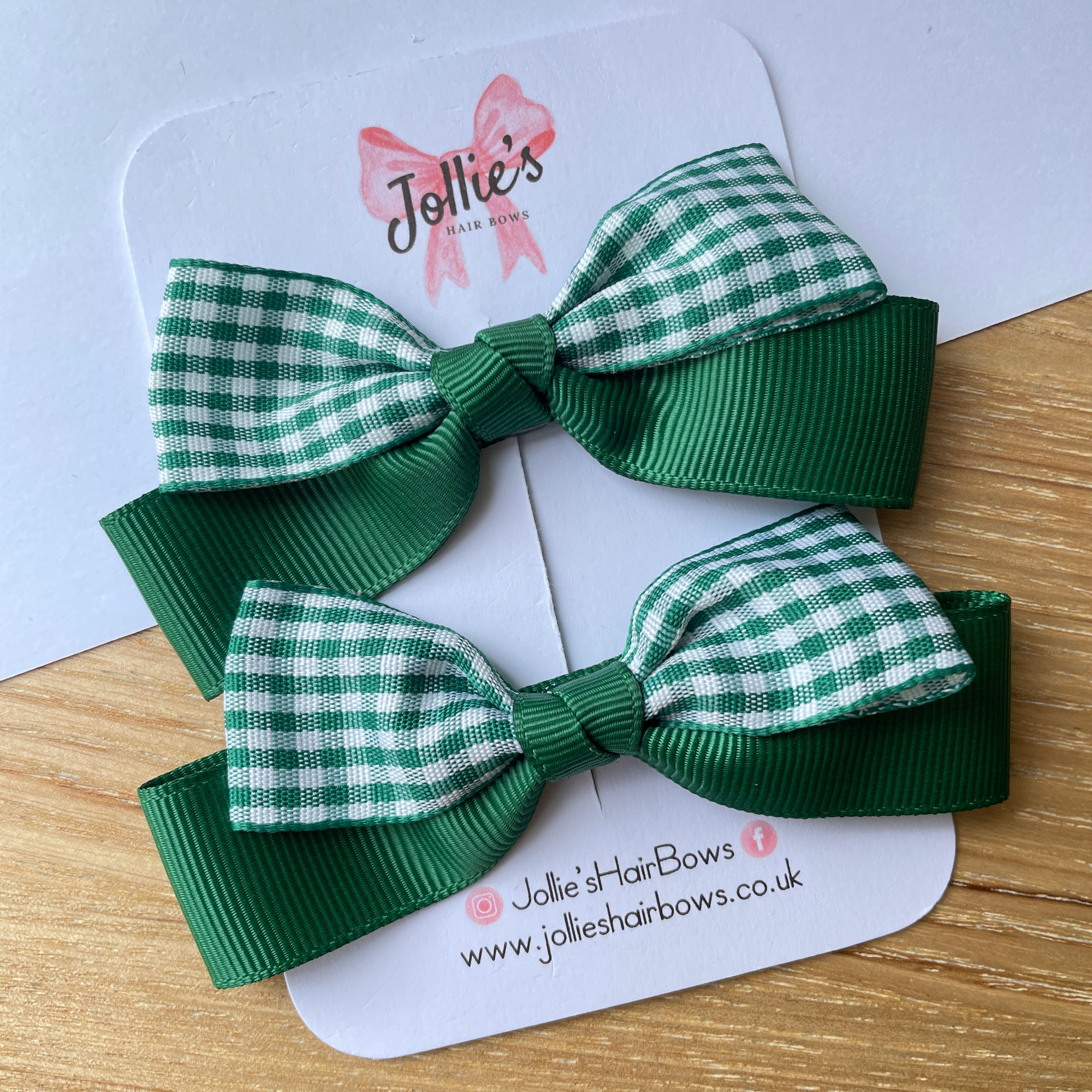 3.5inch Ribbon Bow with Clip (pair) - Green Gingham