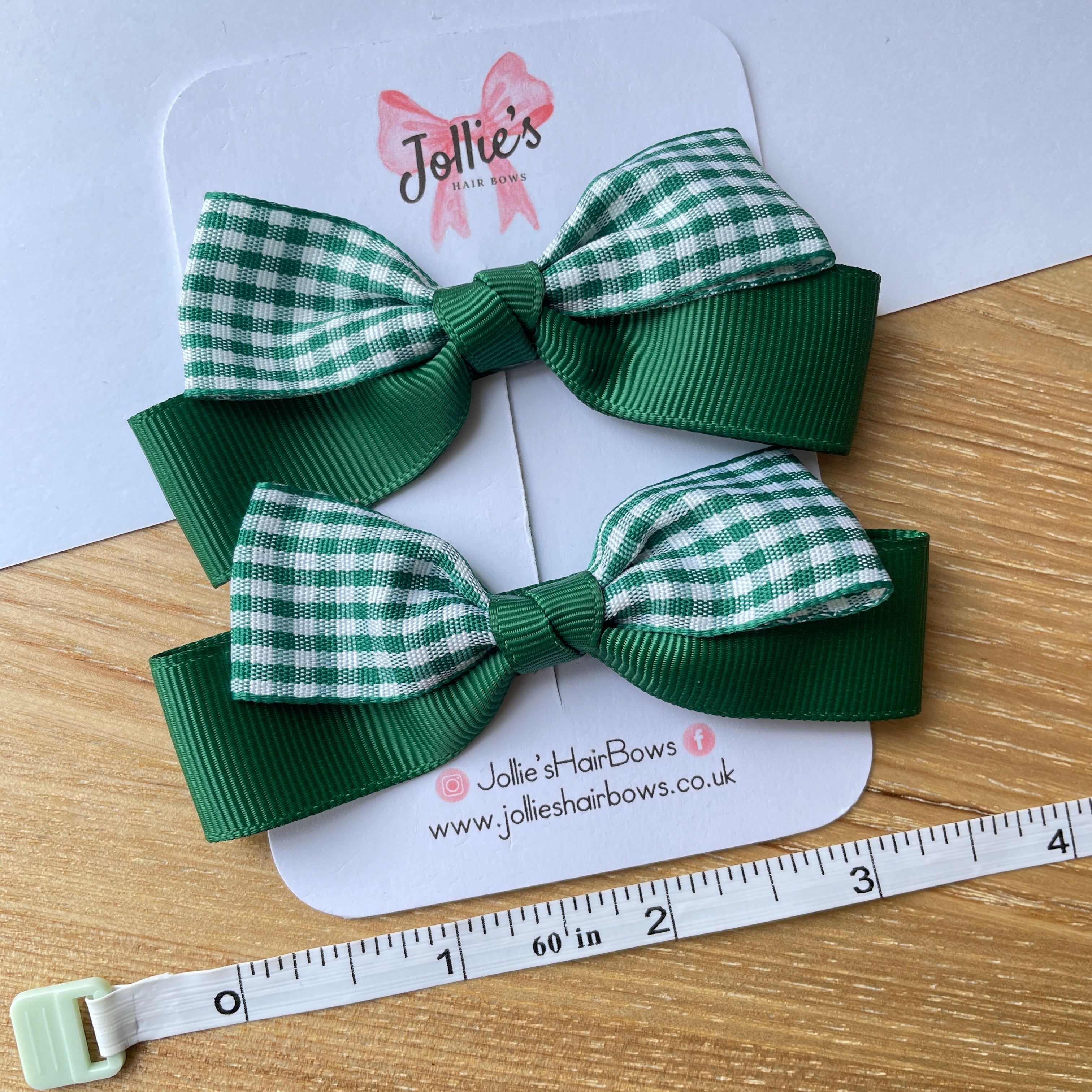 3.5inch Ribbon Bow with Clip (pair) - Green Gingham