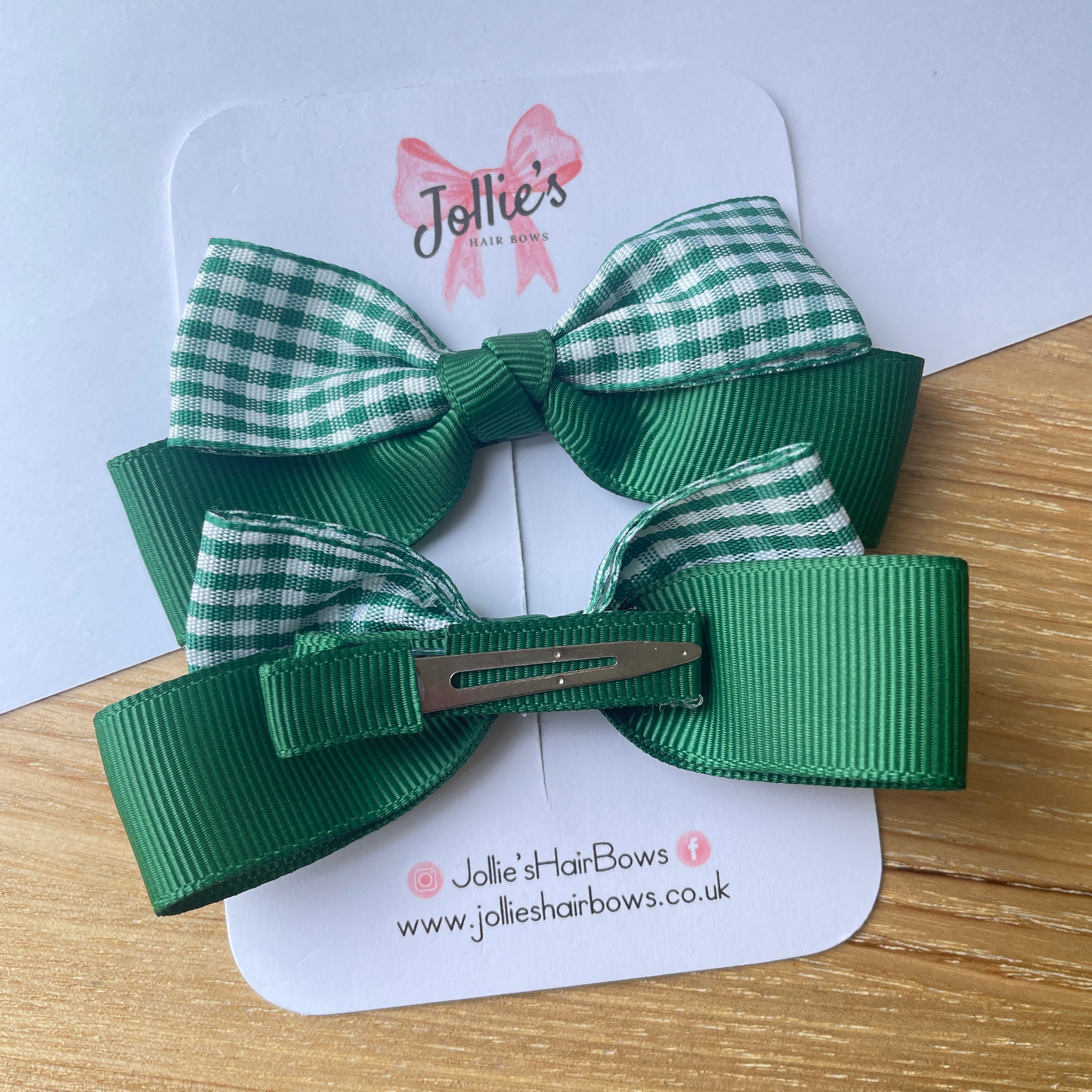 3.5inch Ribbon Bow with Clip (pair) - Green Gingham