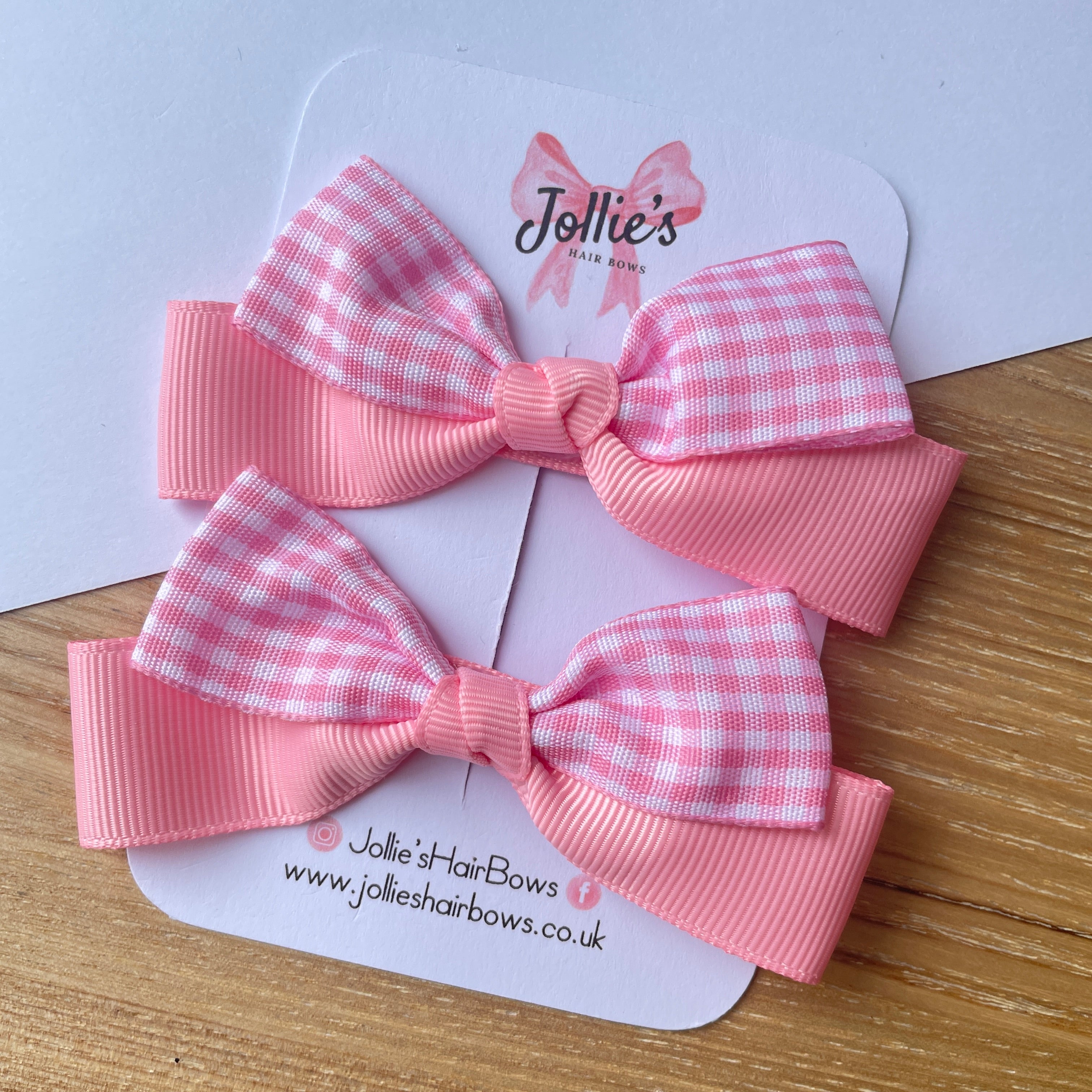 3.5inch Ribbon Bow with Clip (pair) - Pink Gingham