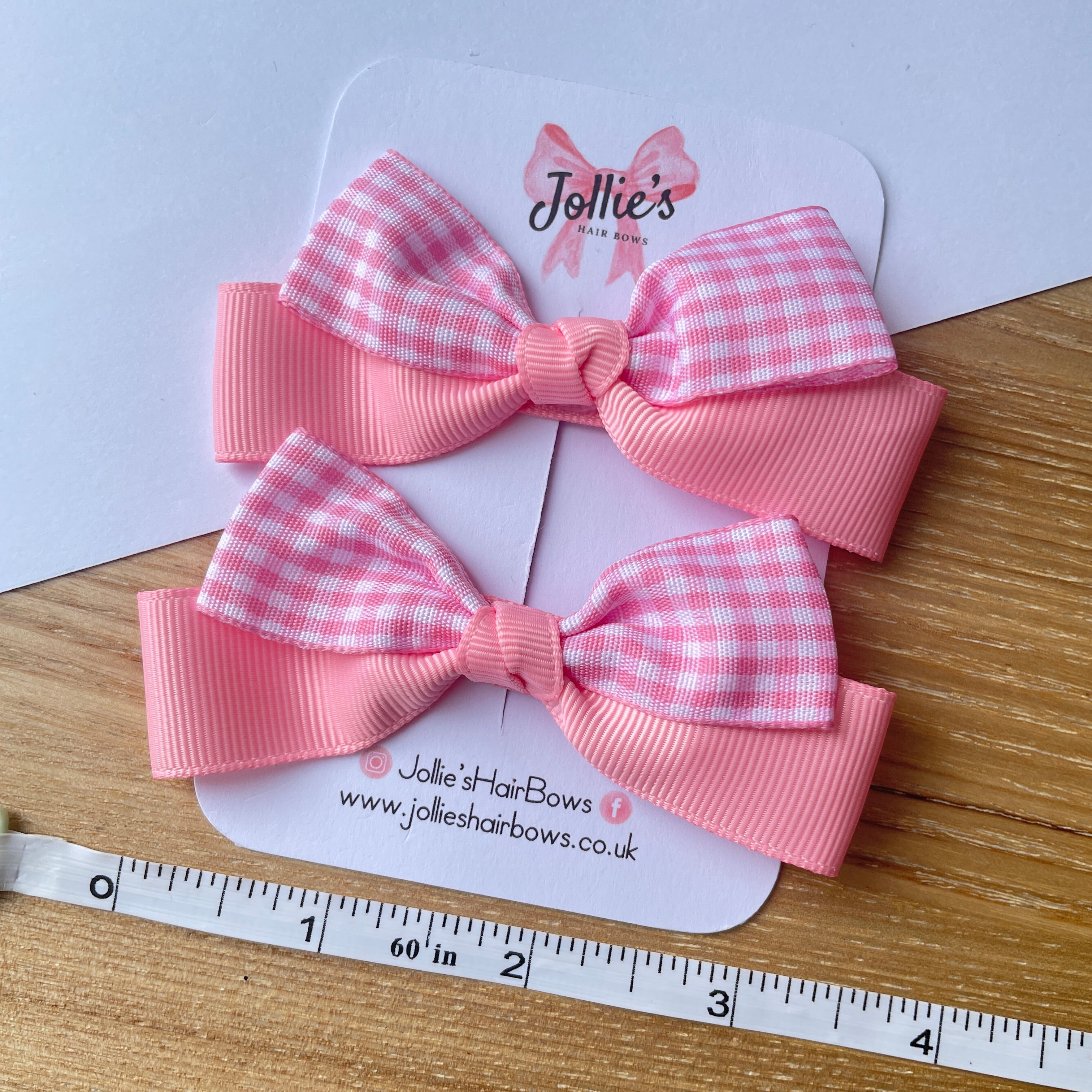 3.5inch Ribbon Bow with Clip (pair) - Pink Gingham