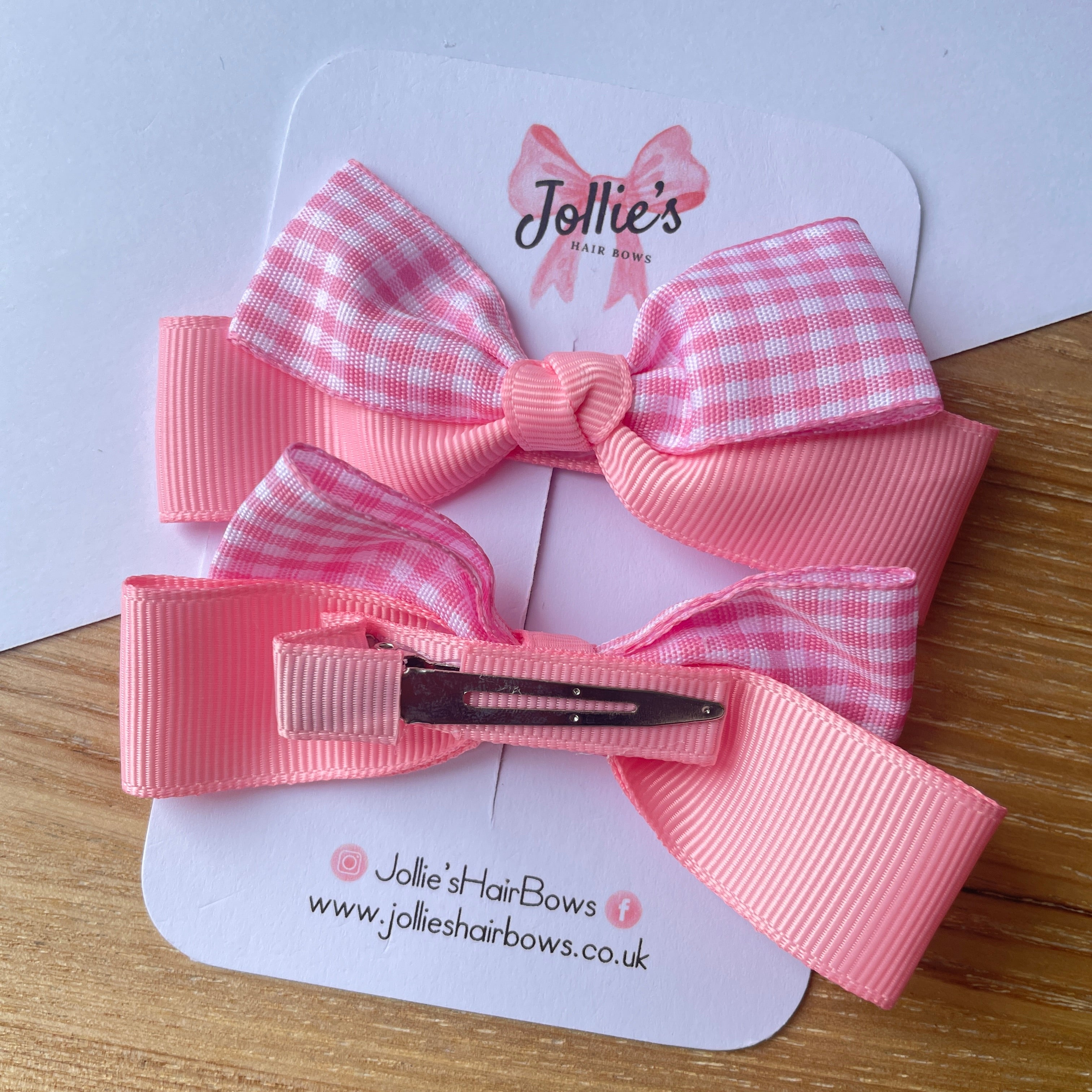 3.5inch Ribbon Bow with Clip (pair) - Pink Gingham