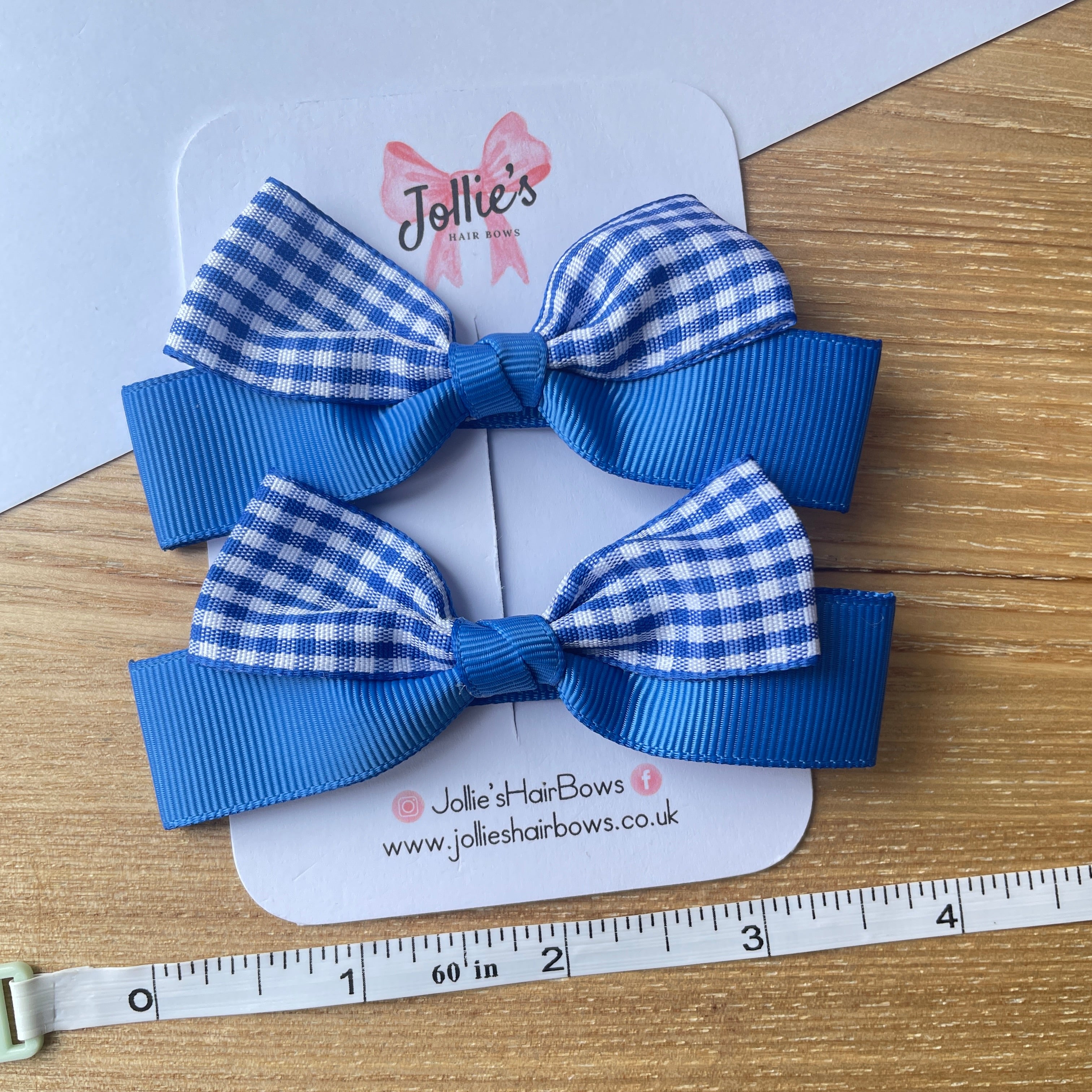 3.5inch Ribbon Bow with Clip (pair) - Royal Blue Gingham