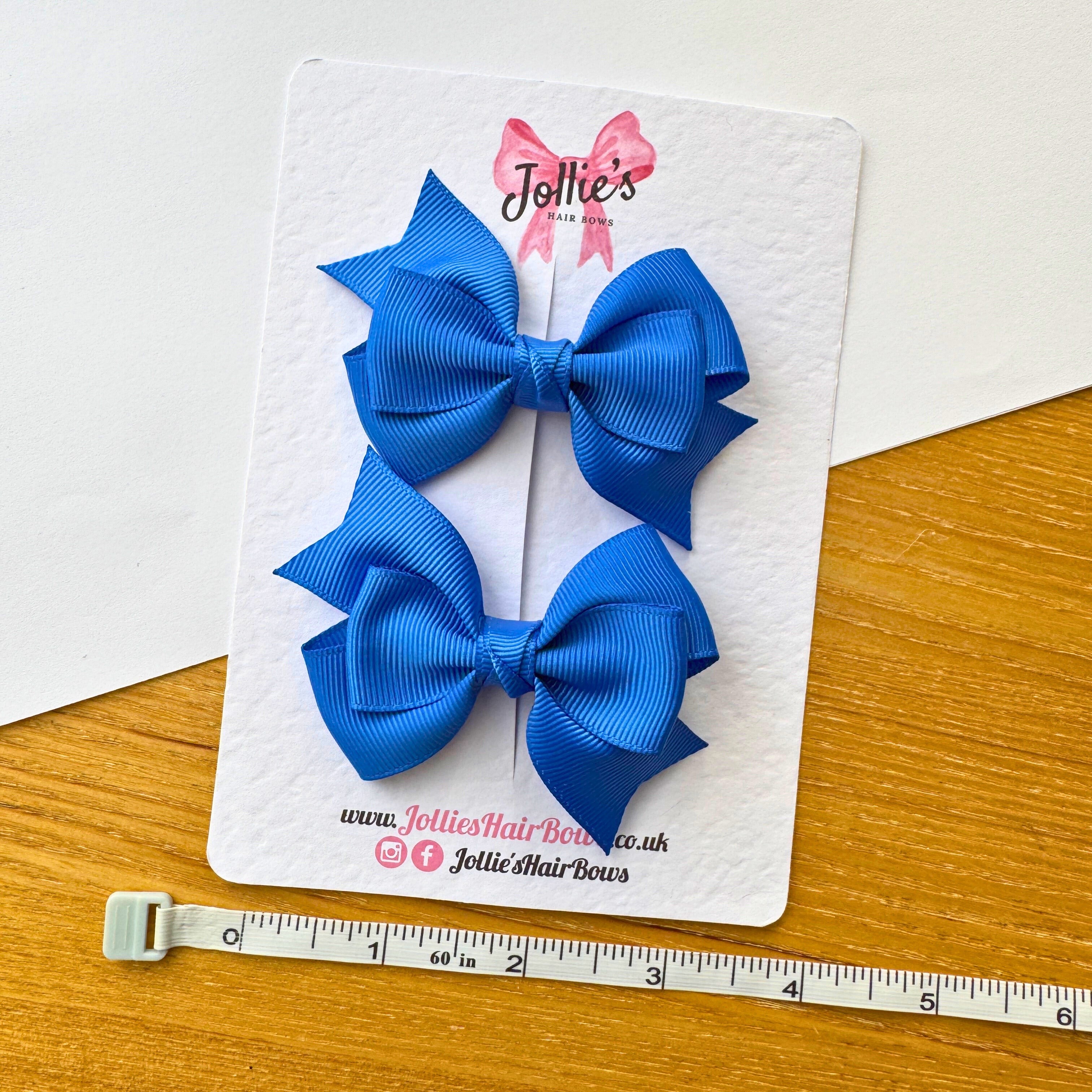 3" Royal Blue Tail-End Hair Bow Pair – Grosgrain Ribbon Clips with Teeth