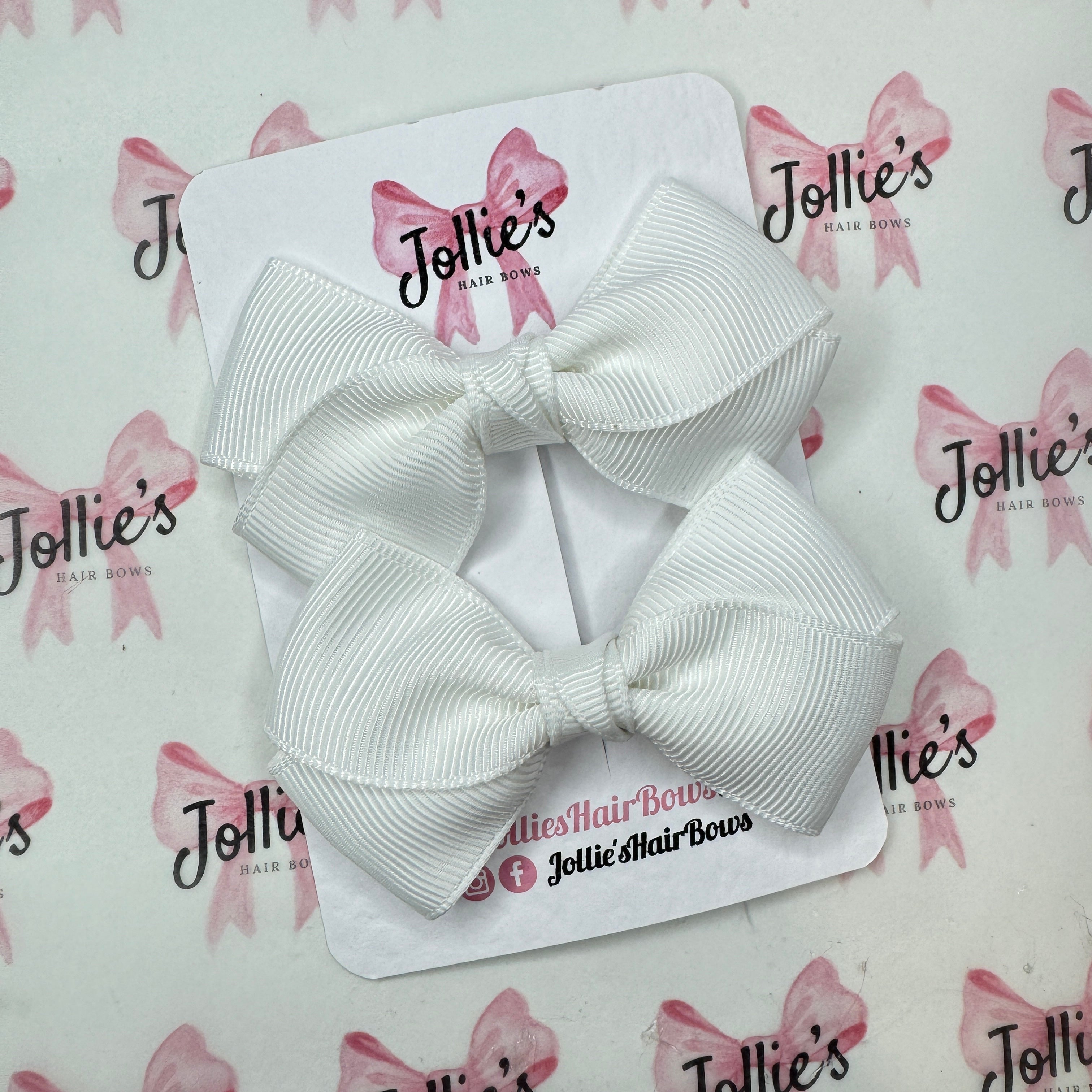 3" White Twisty Hair Bow Pair – Grosgrain Ribbon Clips with Teeth