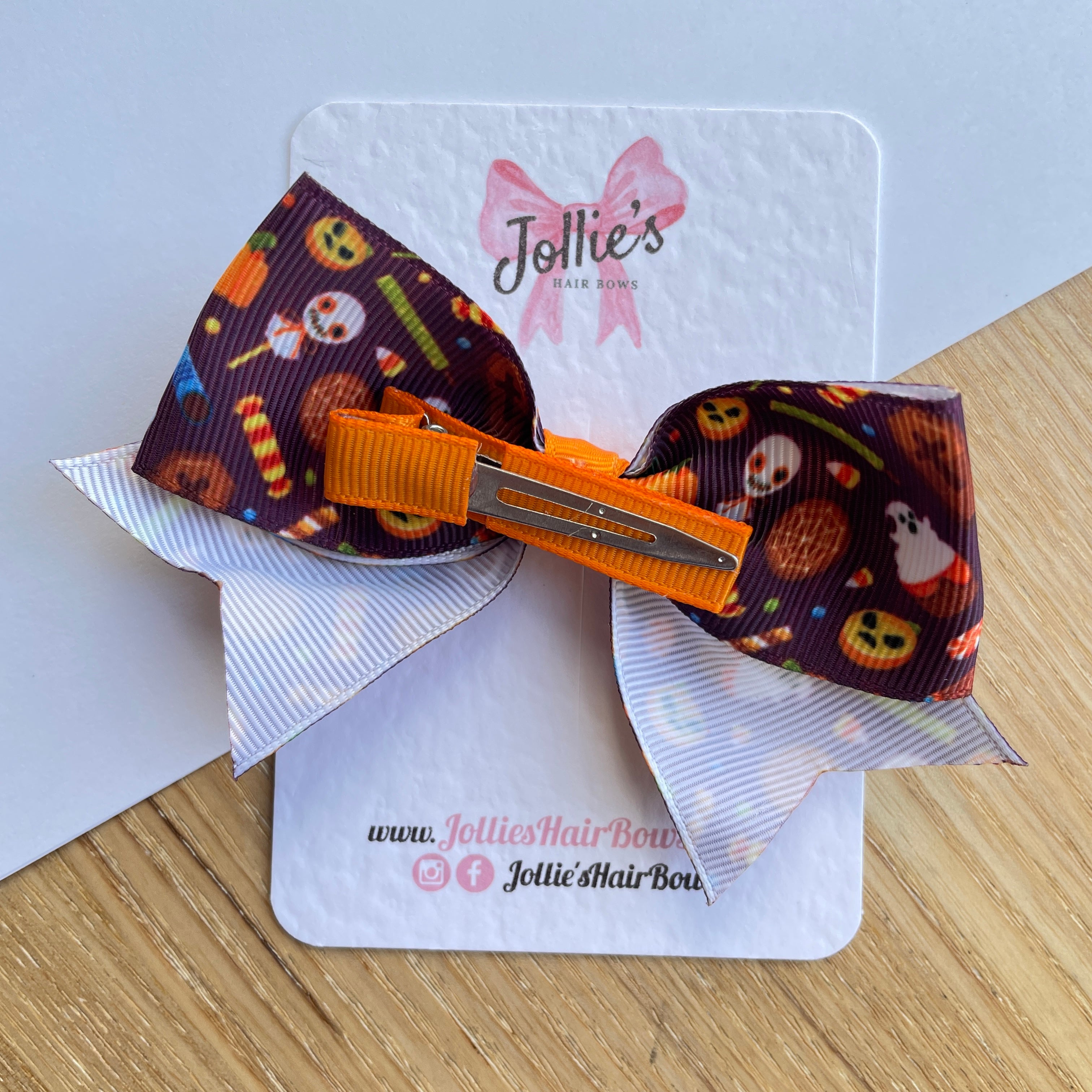 4inch Halloween Ribbon Bow with Clip - Purple Spooky