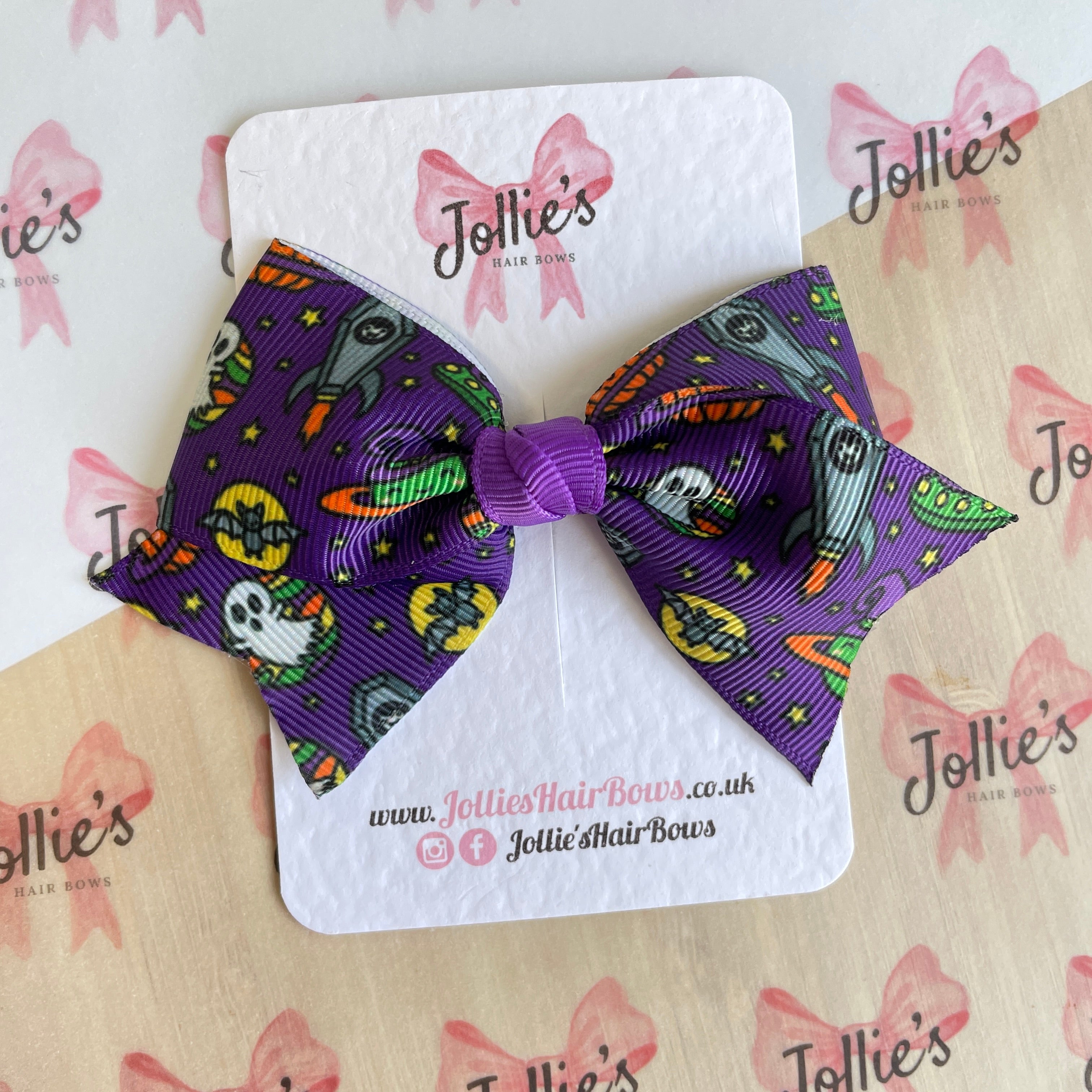 4inch Halloween Ribbon Bow with Clip - Purple Spooky