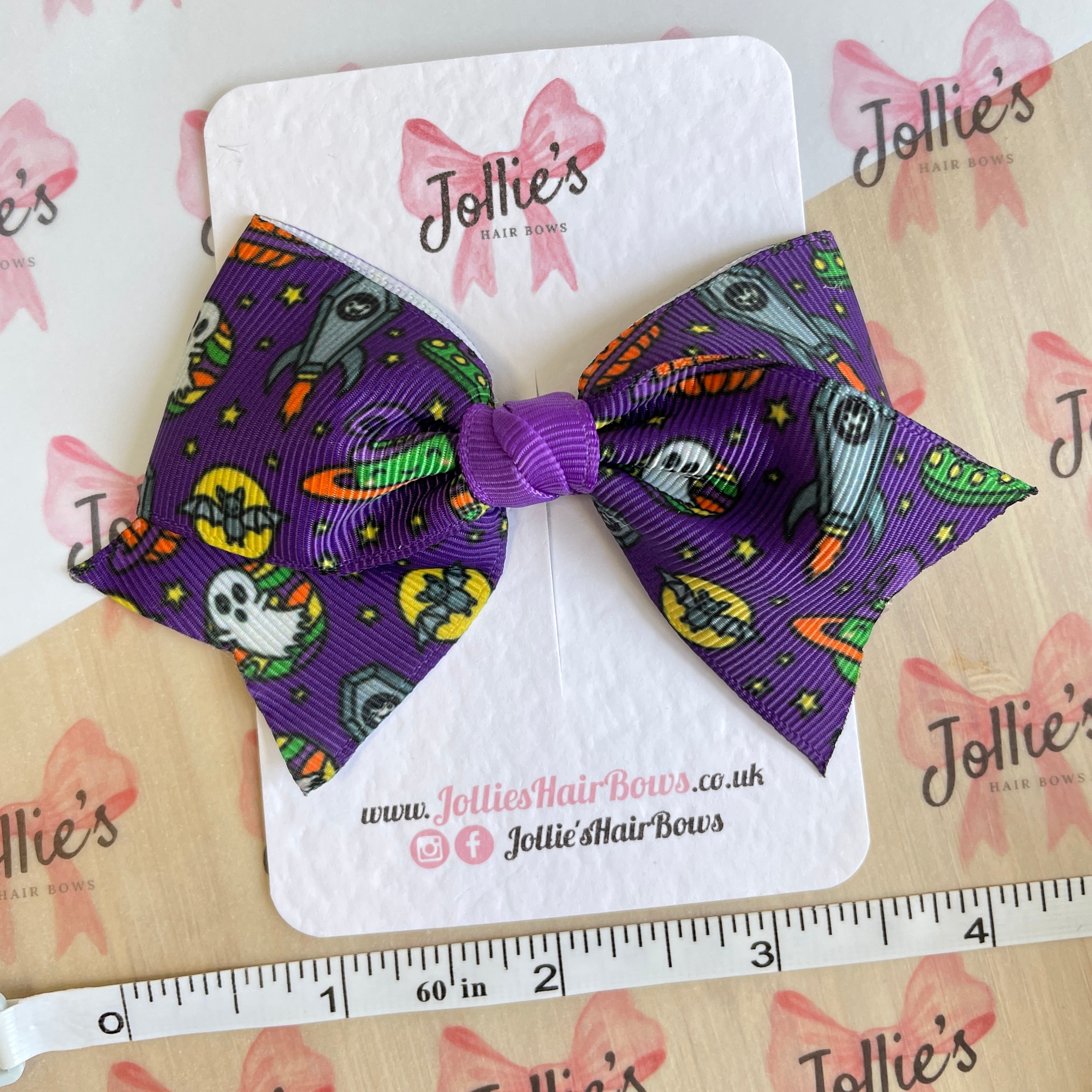 4inch Halloween Ribbon Bow with Clip - Purple Spooky