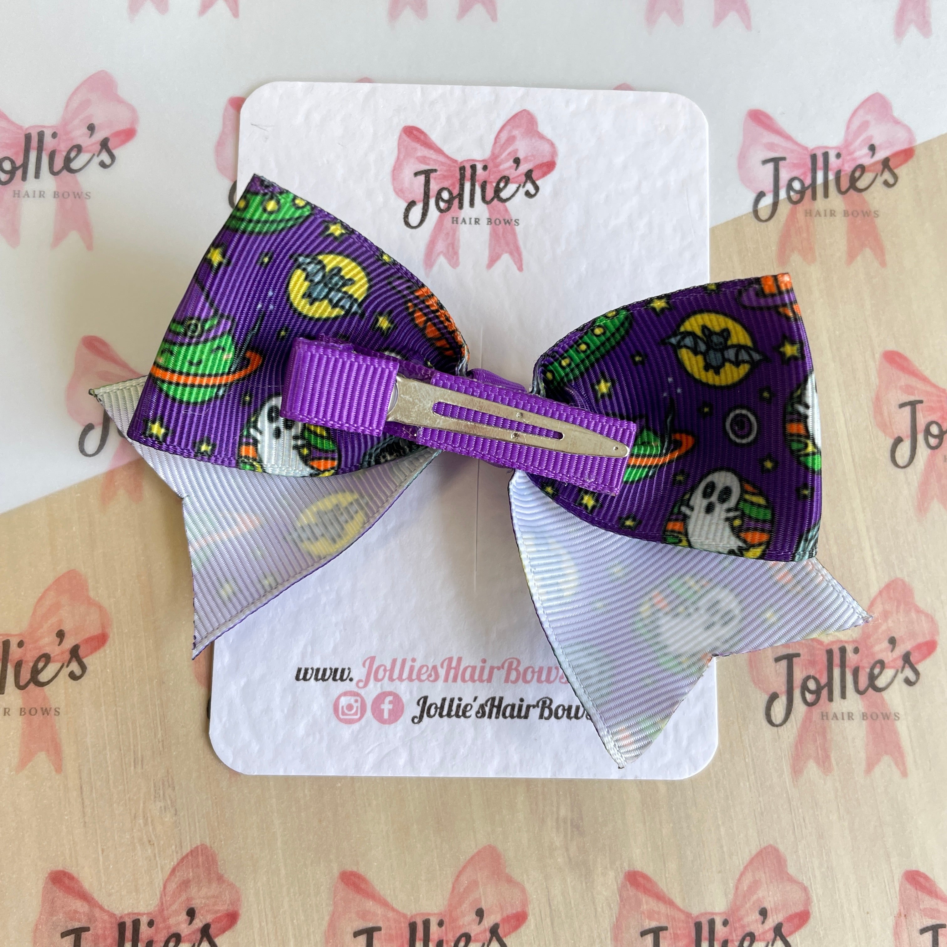 4inch Halloween Ribbon Bow with Clip - Purple Spooky