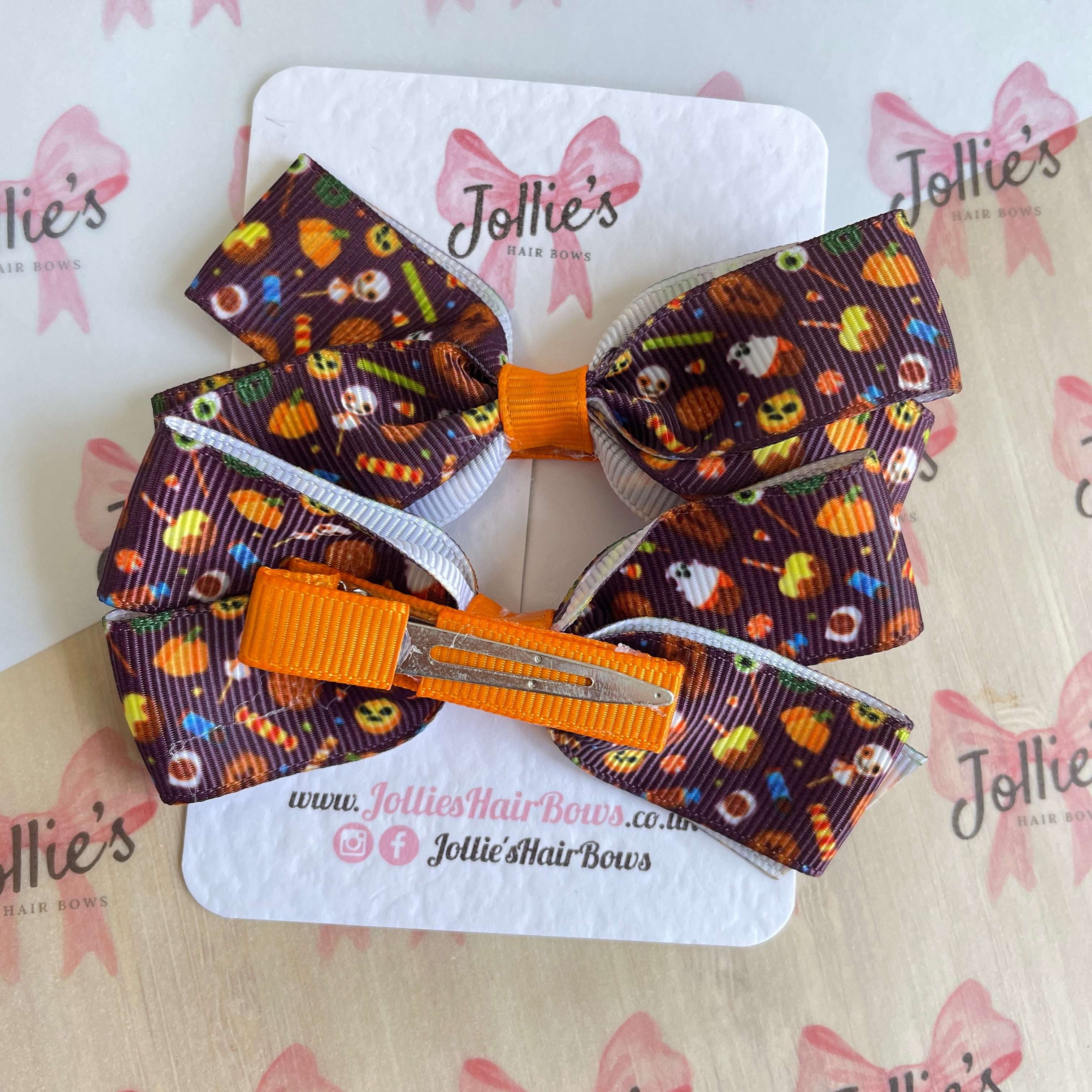 3.5inch Halloween Brown Spooky Bow with Clip (pair)