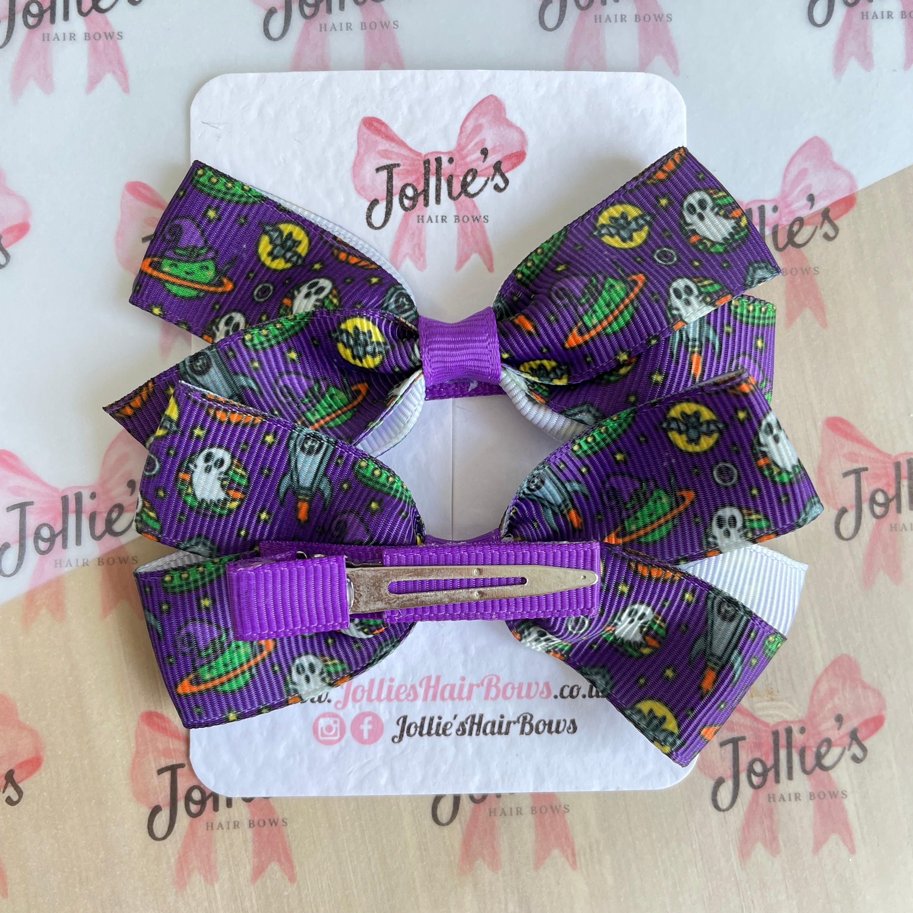 3.5inch Halloween Purple Spooky Bow with Clip (pair)