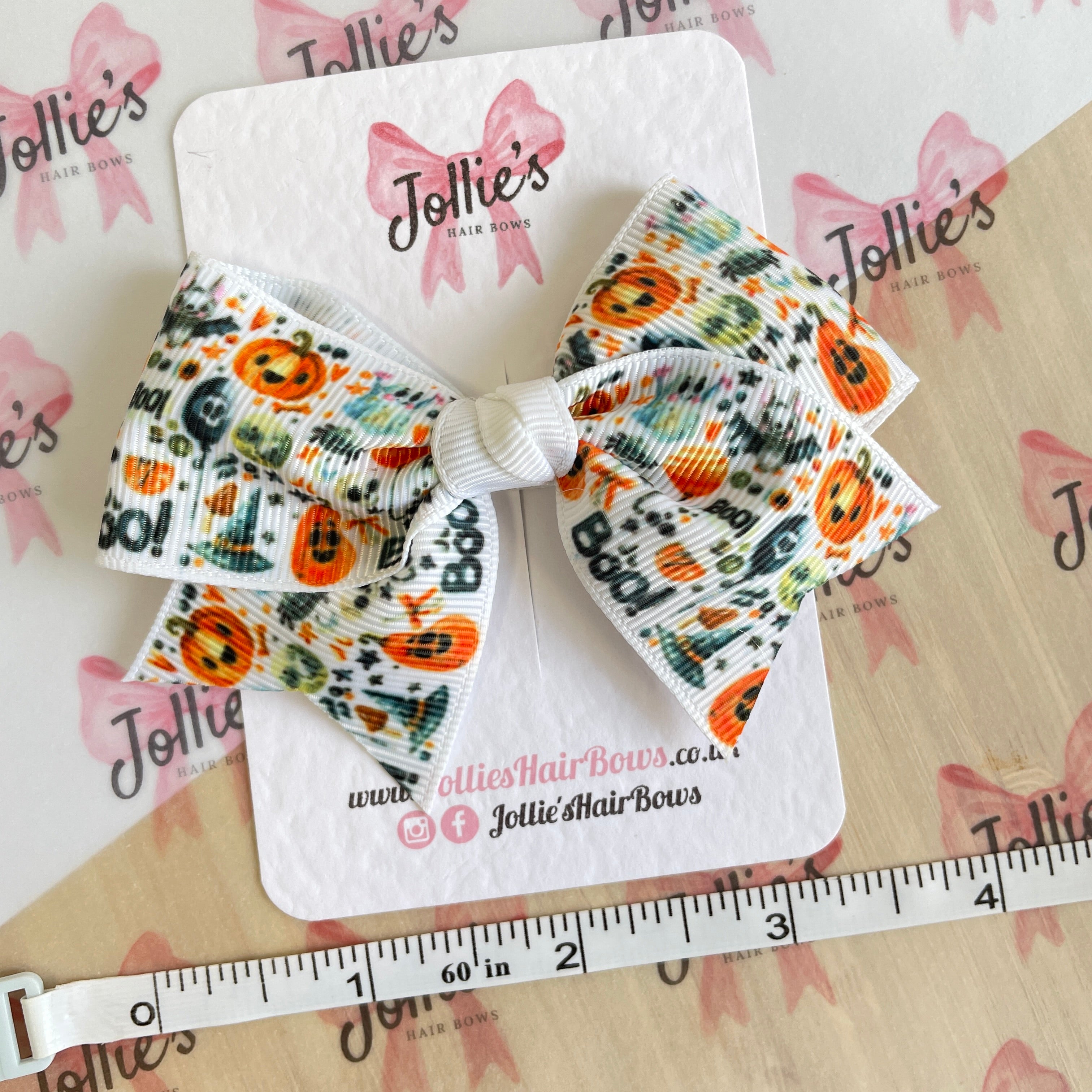 4inch Halloween Ribbon Bow with Clip - White Pumpkin