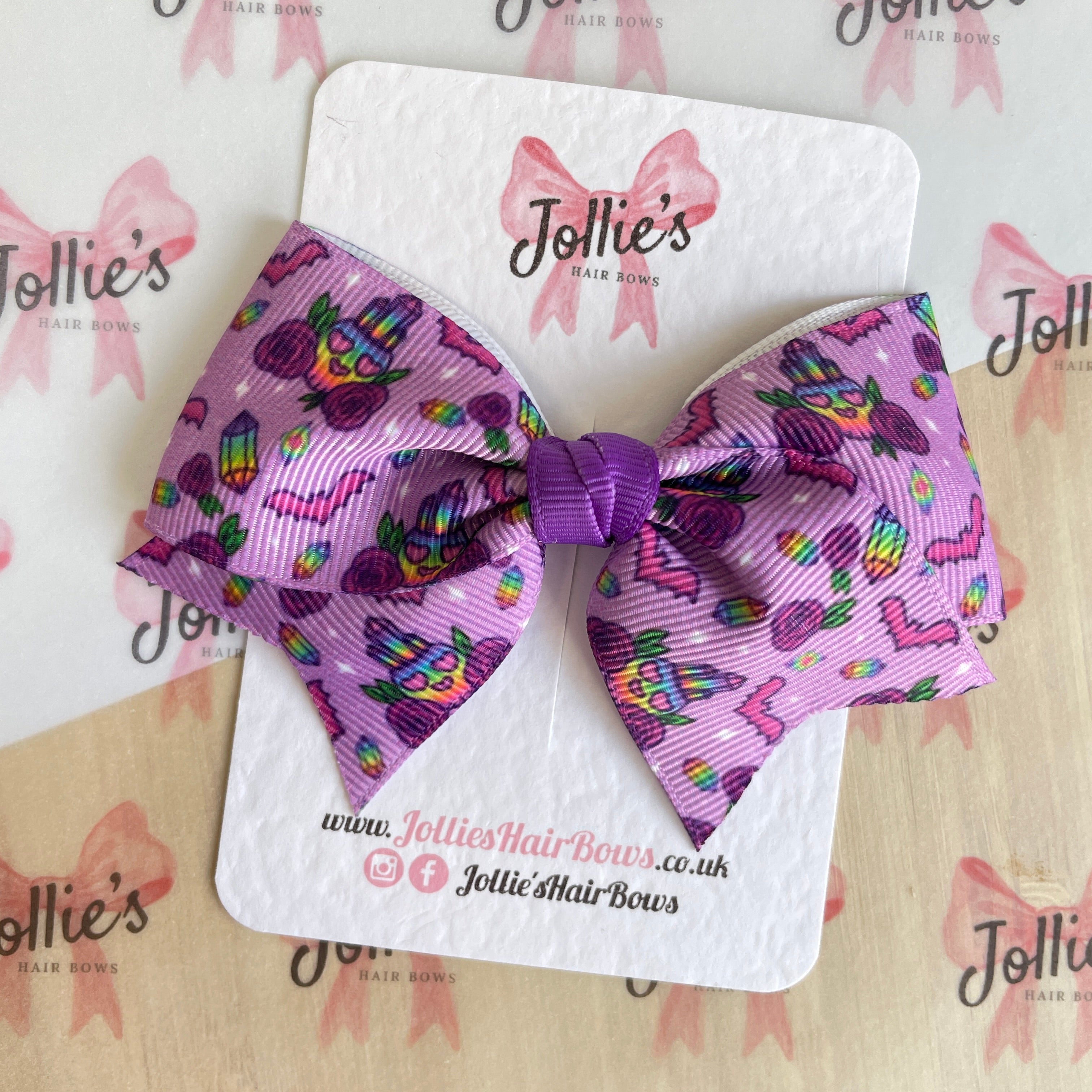 4inch Halloween Ribbon Bow with Clip - Purple Little Skeleton