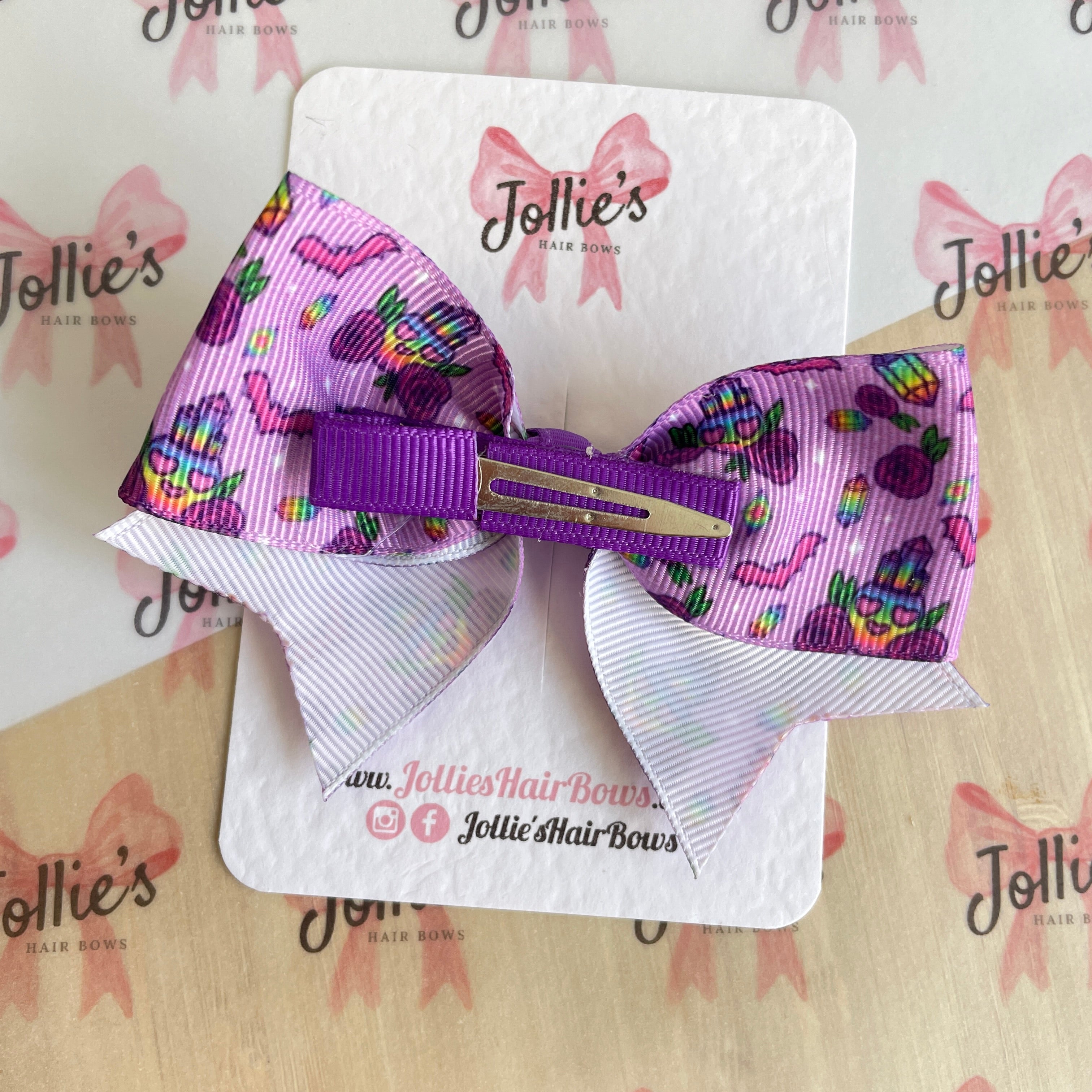 4inch Halloween Ribbon Bow with Clip - Purple Little Skeleton