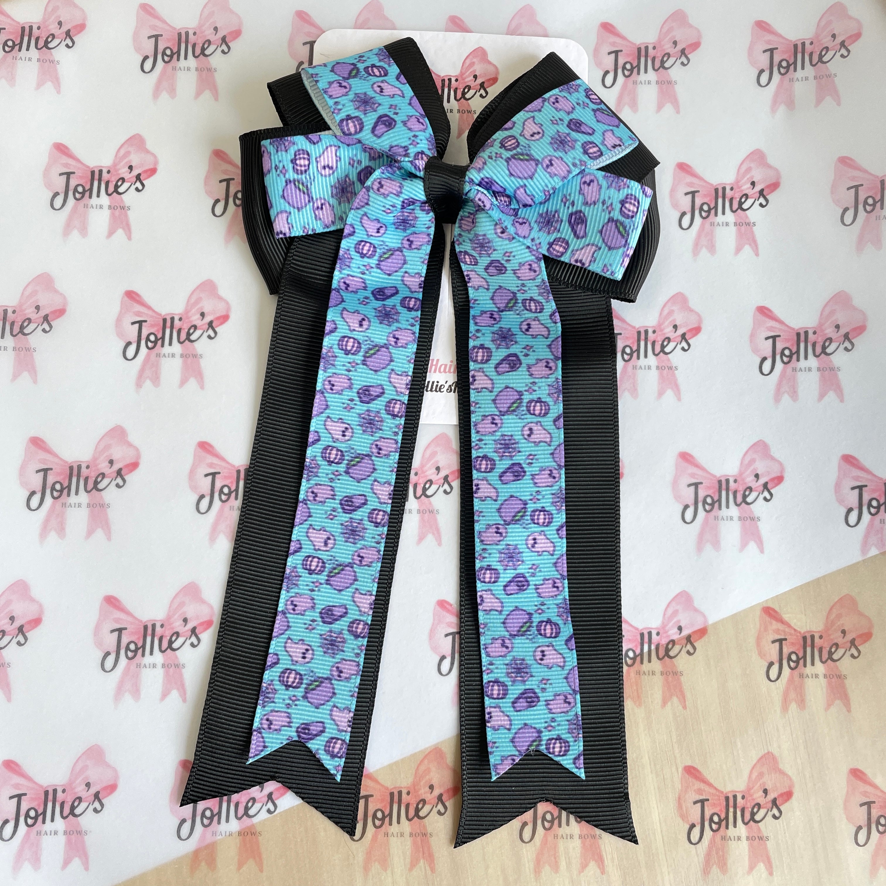 4.5inch Halloween Black Blue Spooky Double Layer Tail Bow with Clip