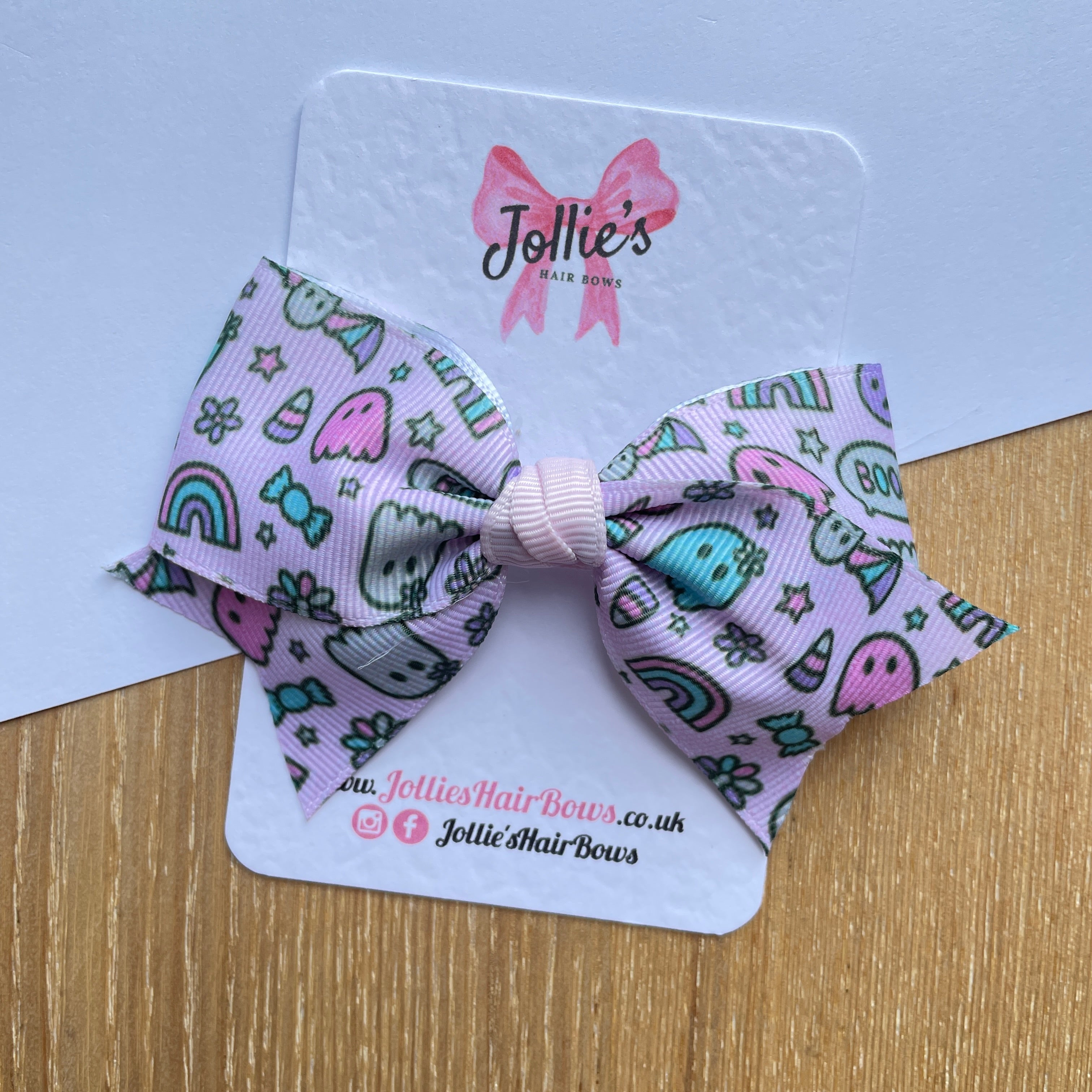 4inch Halloween Ribbon Bow with Clip - Pink Spooky