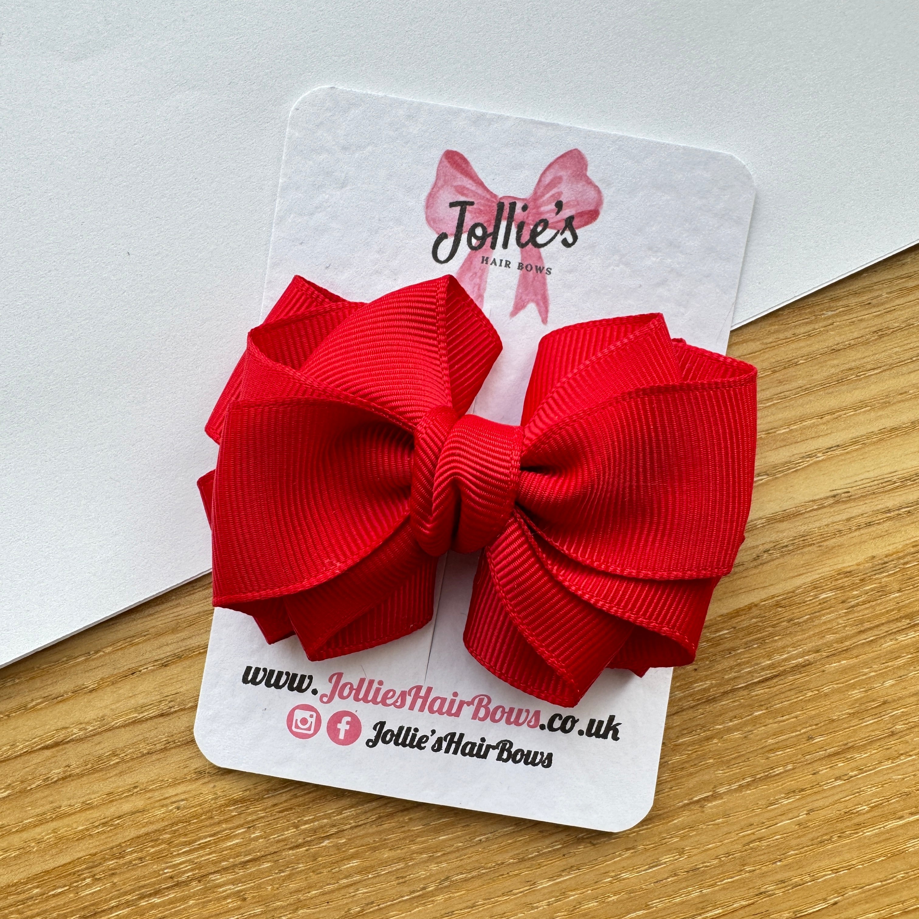 3" Red Double Layer Boutique Hair Bow – Grosgrain Ribbon Clip with Teeth