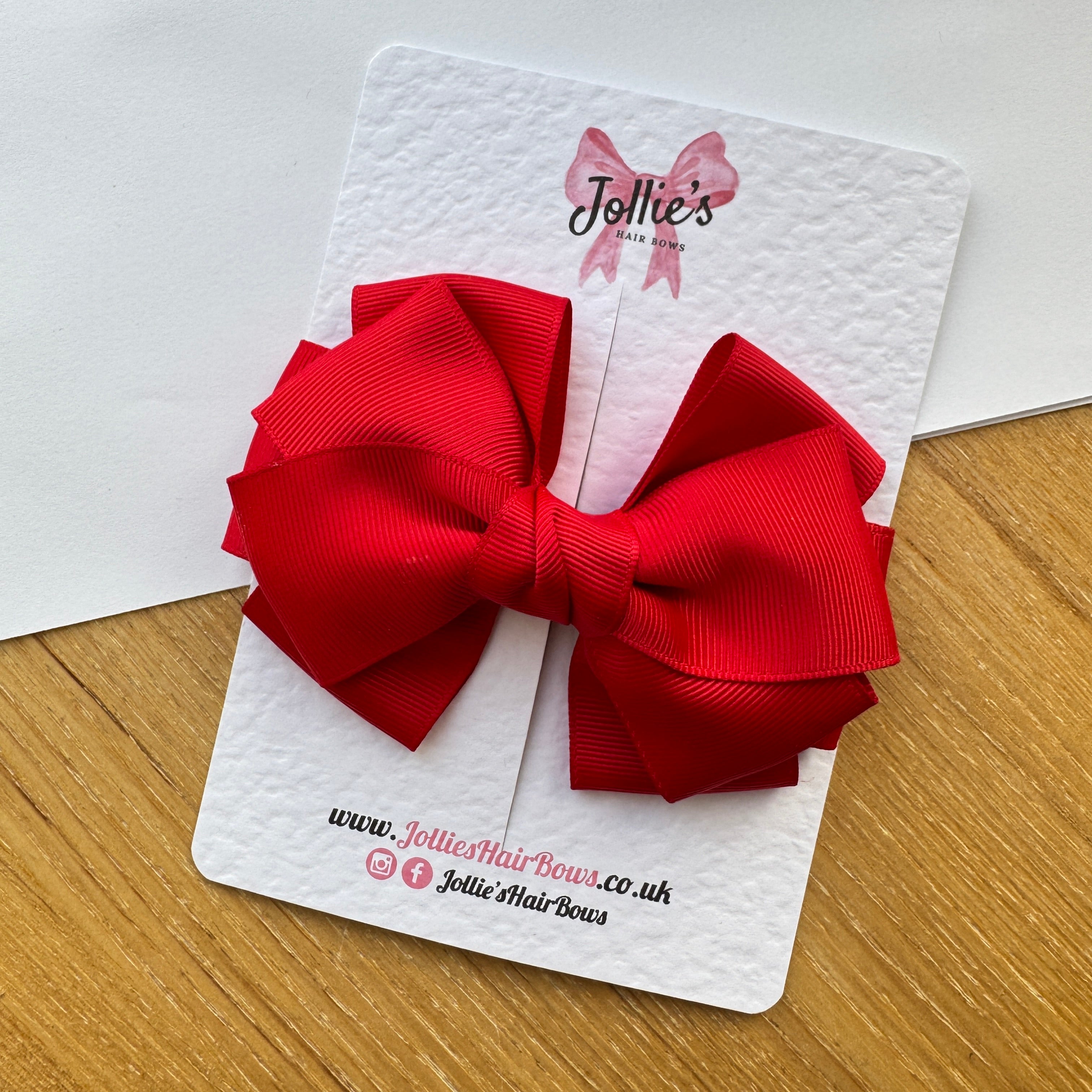 4" Red Double Layer Statement Hair Bow – Grosgrain Ribbon Clip with Teeth