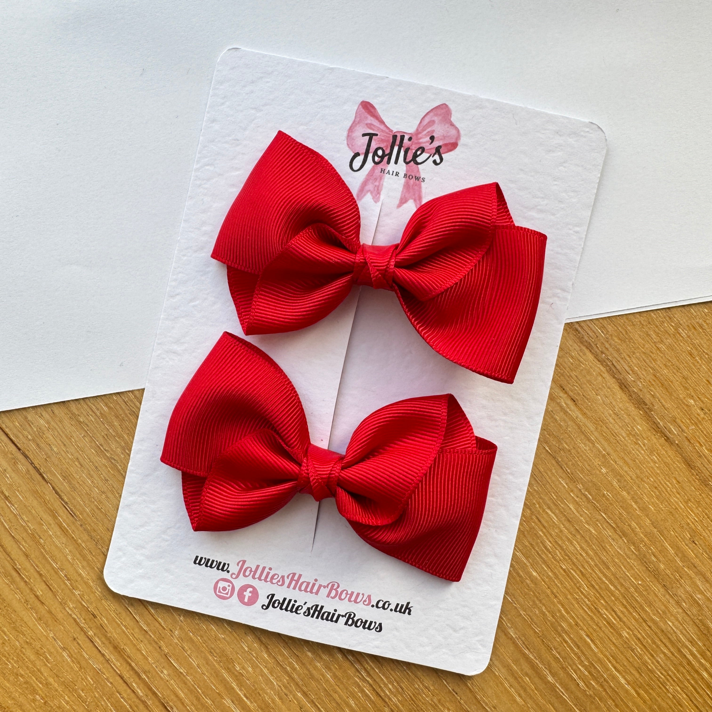 3.5" Red Deluxe School Hair Bow Pair – Grosgrain Ribbon Clips with Teeth
