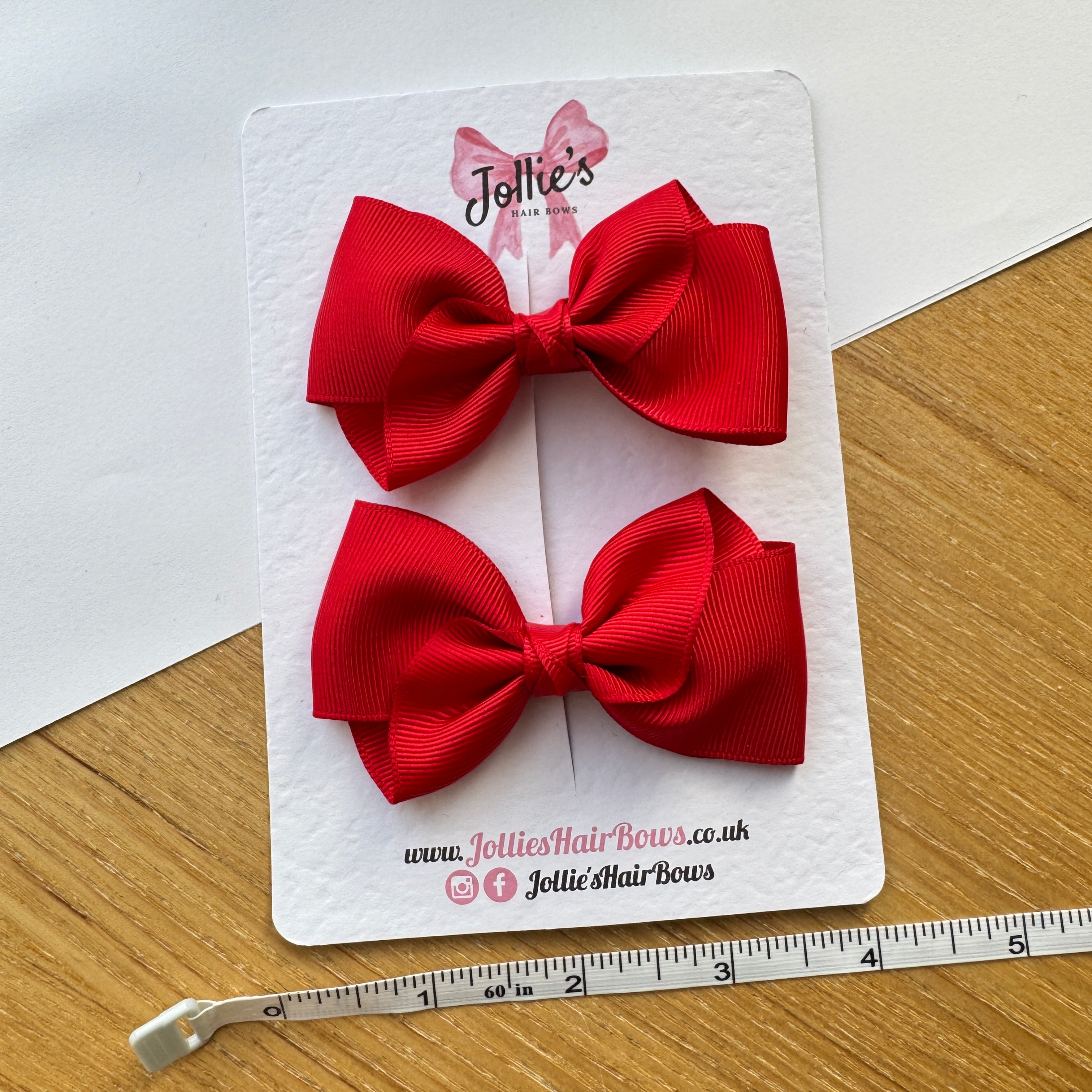 3.5" Red Deluxe School Hair Bow Pair – Grosgrain Ribbon Clips with Teeth