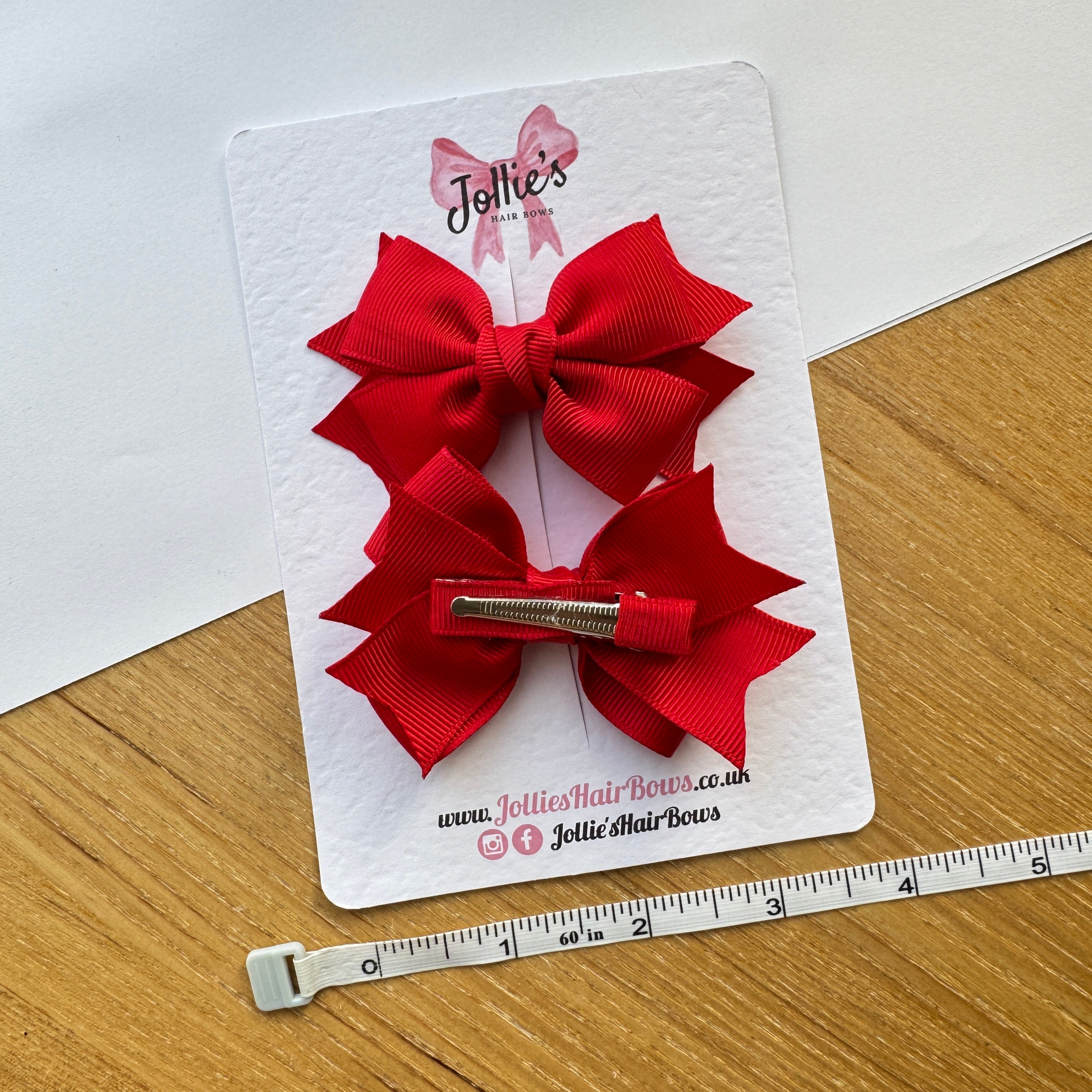 3" Red Double Layer School Hair Bow Pair – Grosgrain Ribbon Clips with Teeth