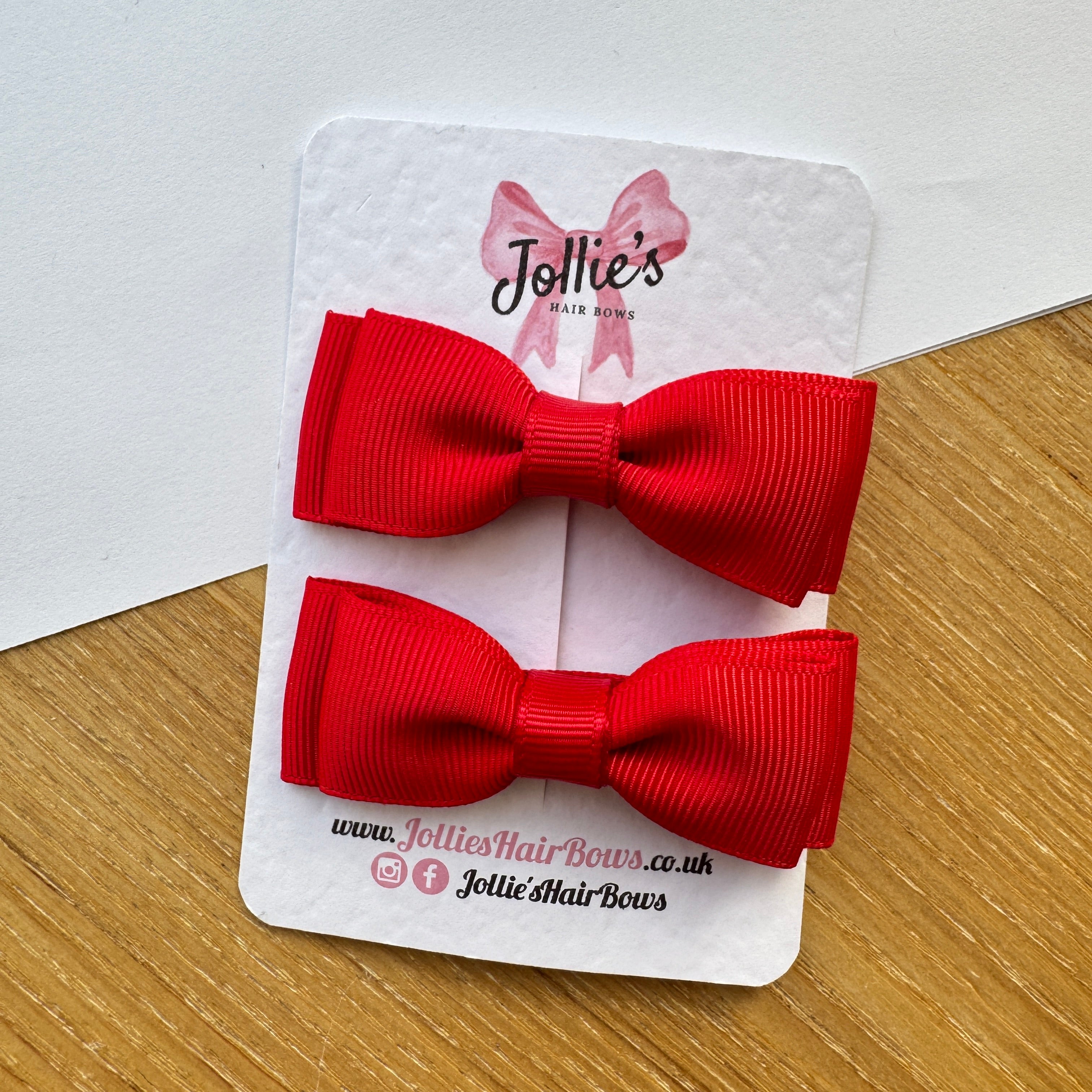 2.5" Red Mini School Hair Bow Pair – Grosgrain Ribbon Clips with Teeth