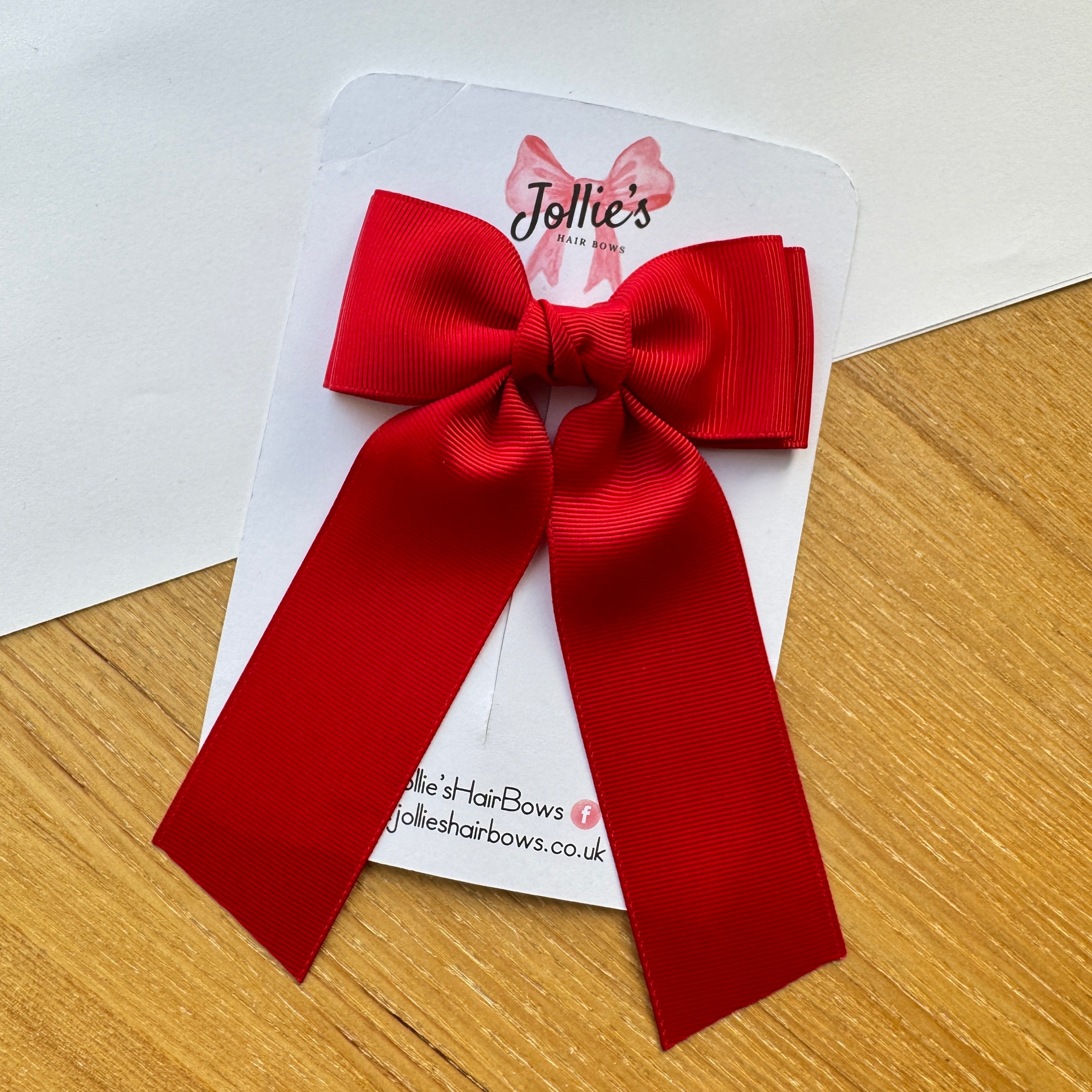 5" Red Long Tail School Hair Bow – Grosgrain Ribbon Clip with Teeth