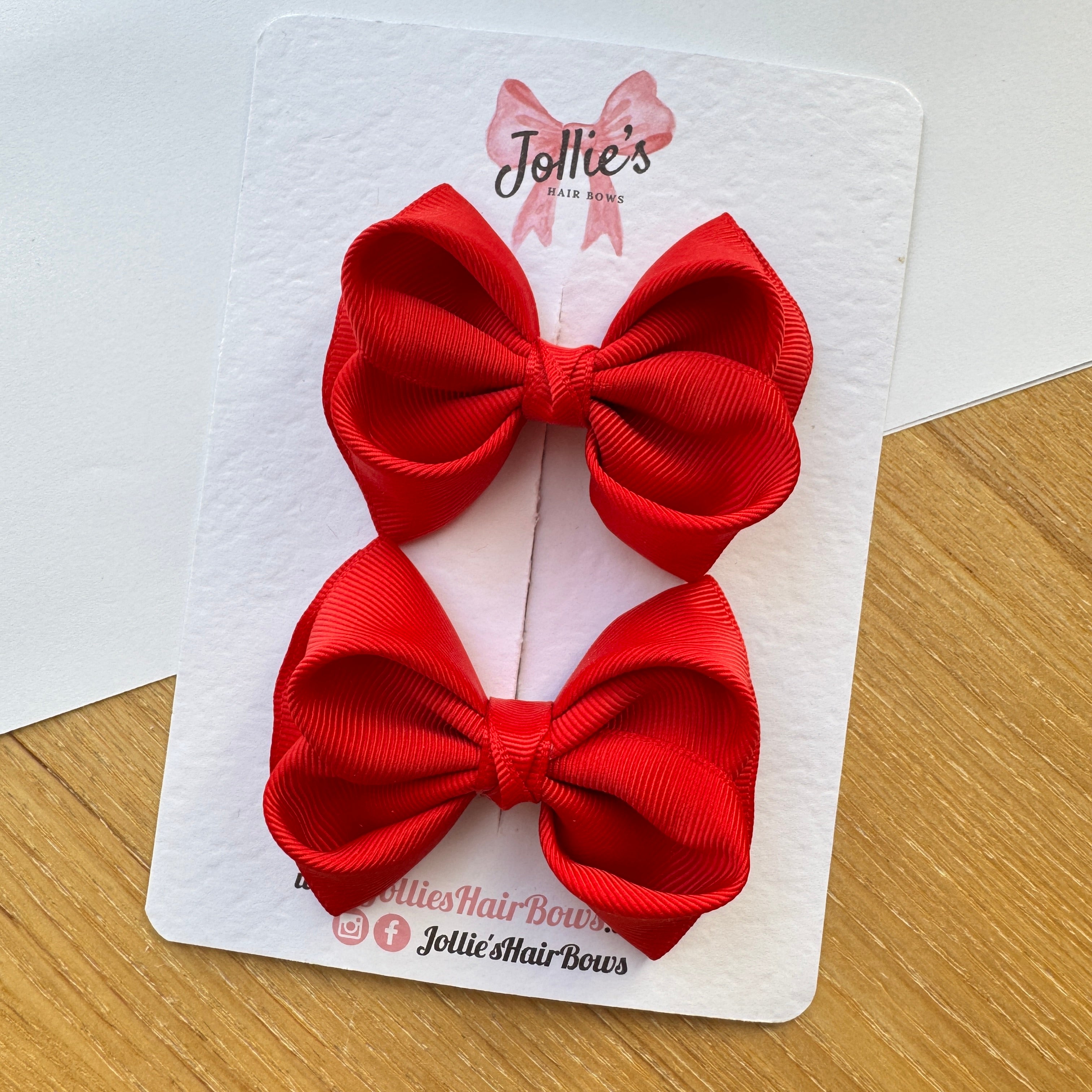 3" Red Looped School Hair Bow Pair – Grosgrain Ribbon Clips with Teeth