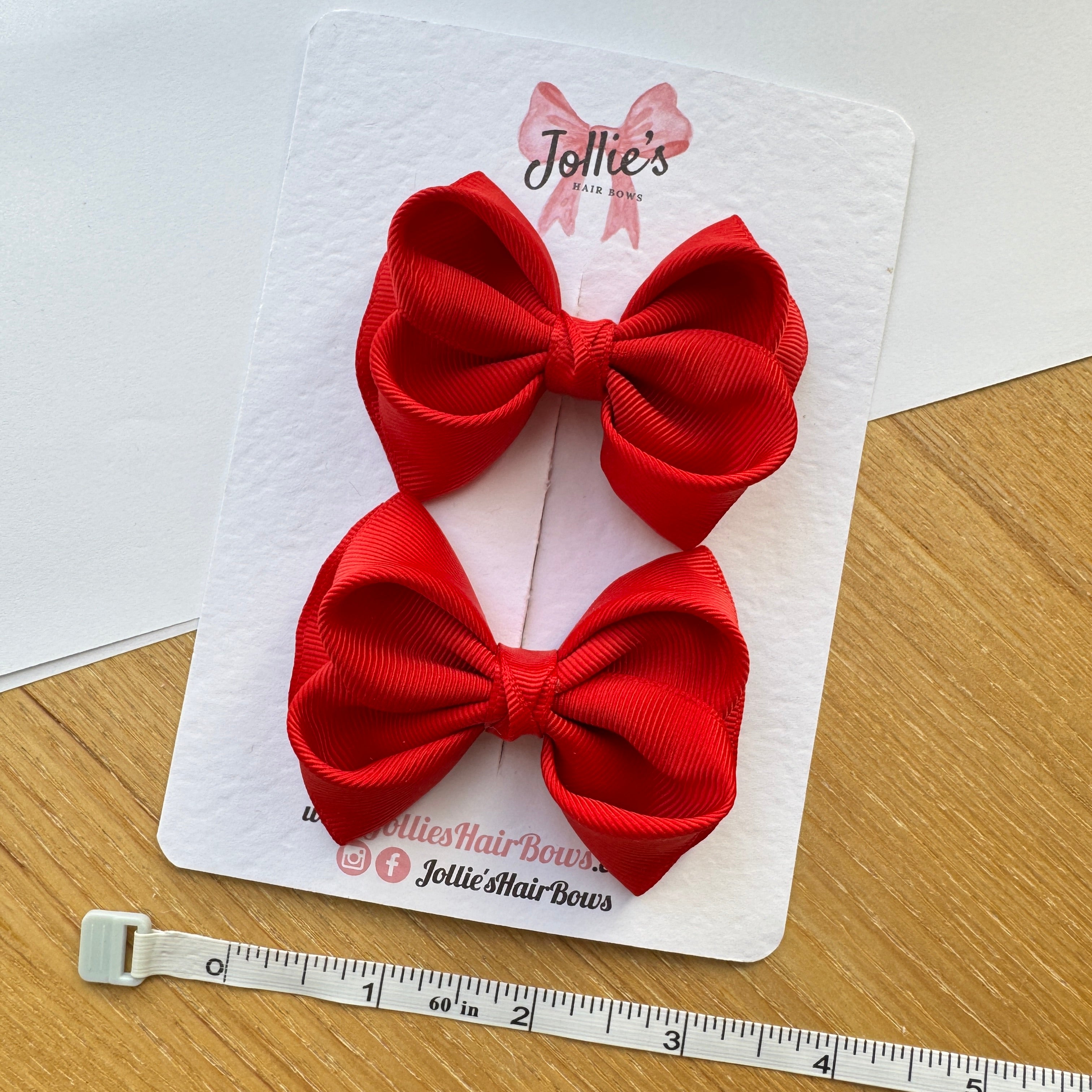 3" Red Looped School Hair Bow Pair – Grosgrain Ribbon Clips with Teeth