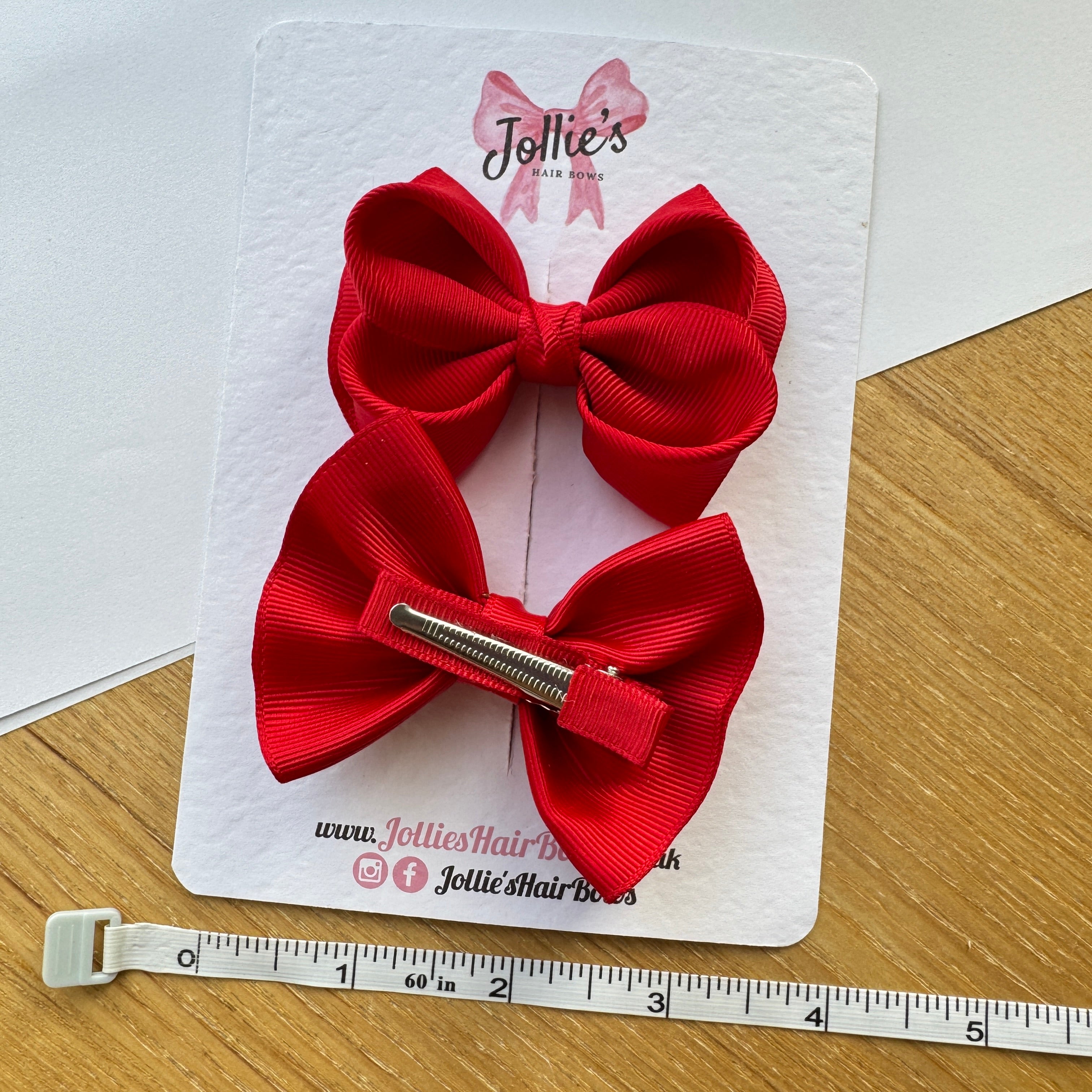 3" Red Looped School Hair Bow Pair – Grosgrain Ribbon Clips with Teeth
