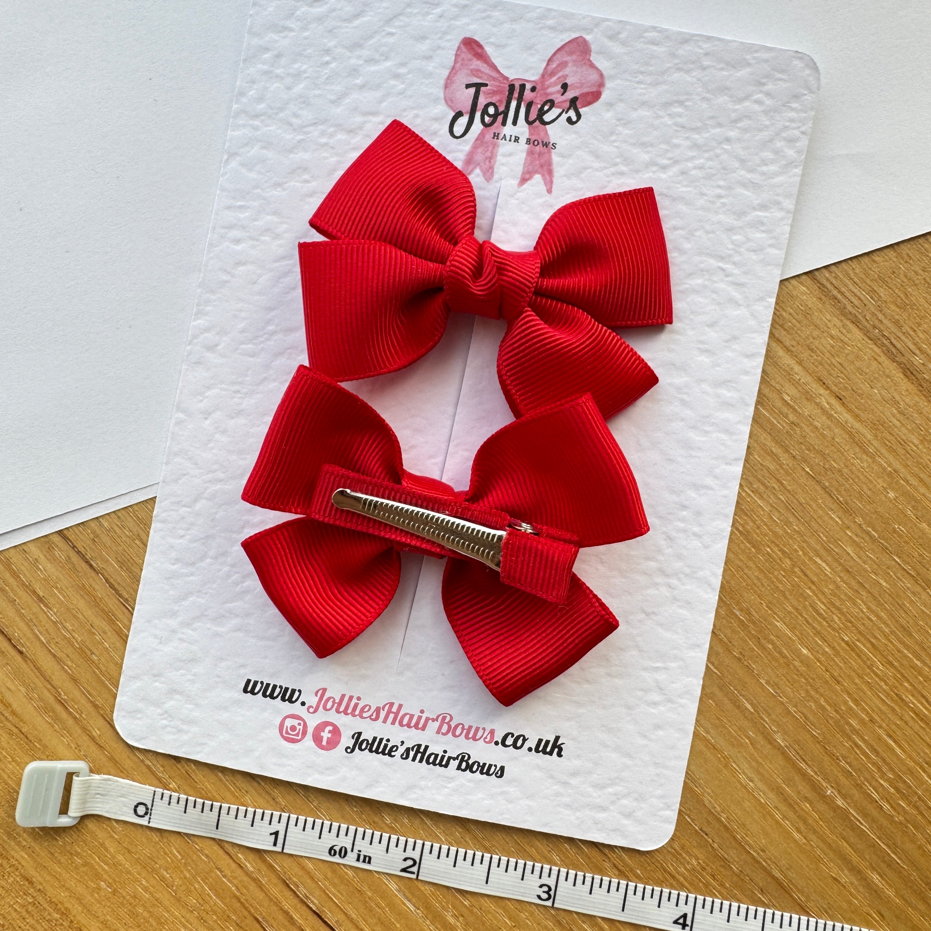 2.5" Red Classic Hair Bow Pair – Grosgrain Ribbon Clips with Teeth