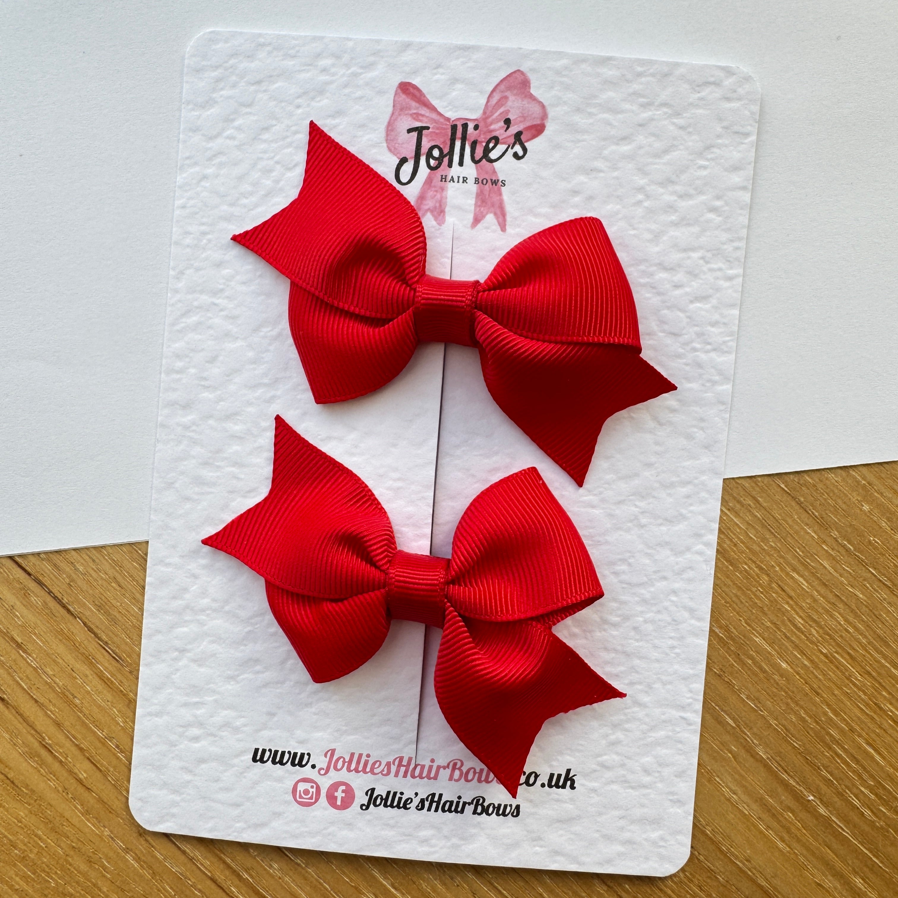 2.5" Red Lively Hair Bow Pair – Grosgrain Ribbon Clips with Teeth