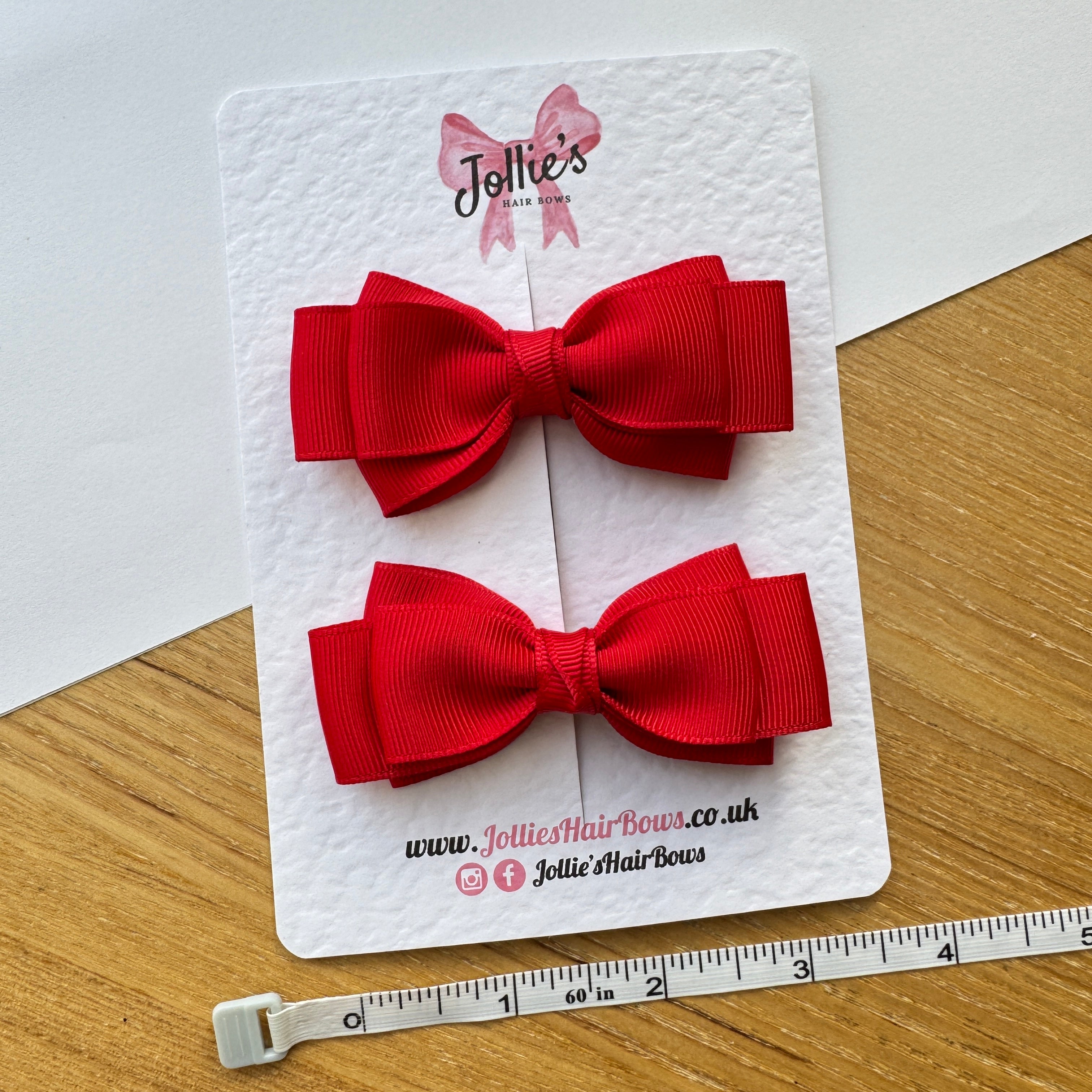 3" Red Flat Double Hair Bow Pair – Grosgrain Ribbon Clips with Teeth