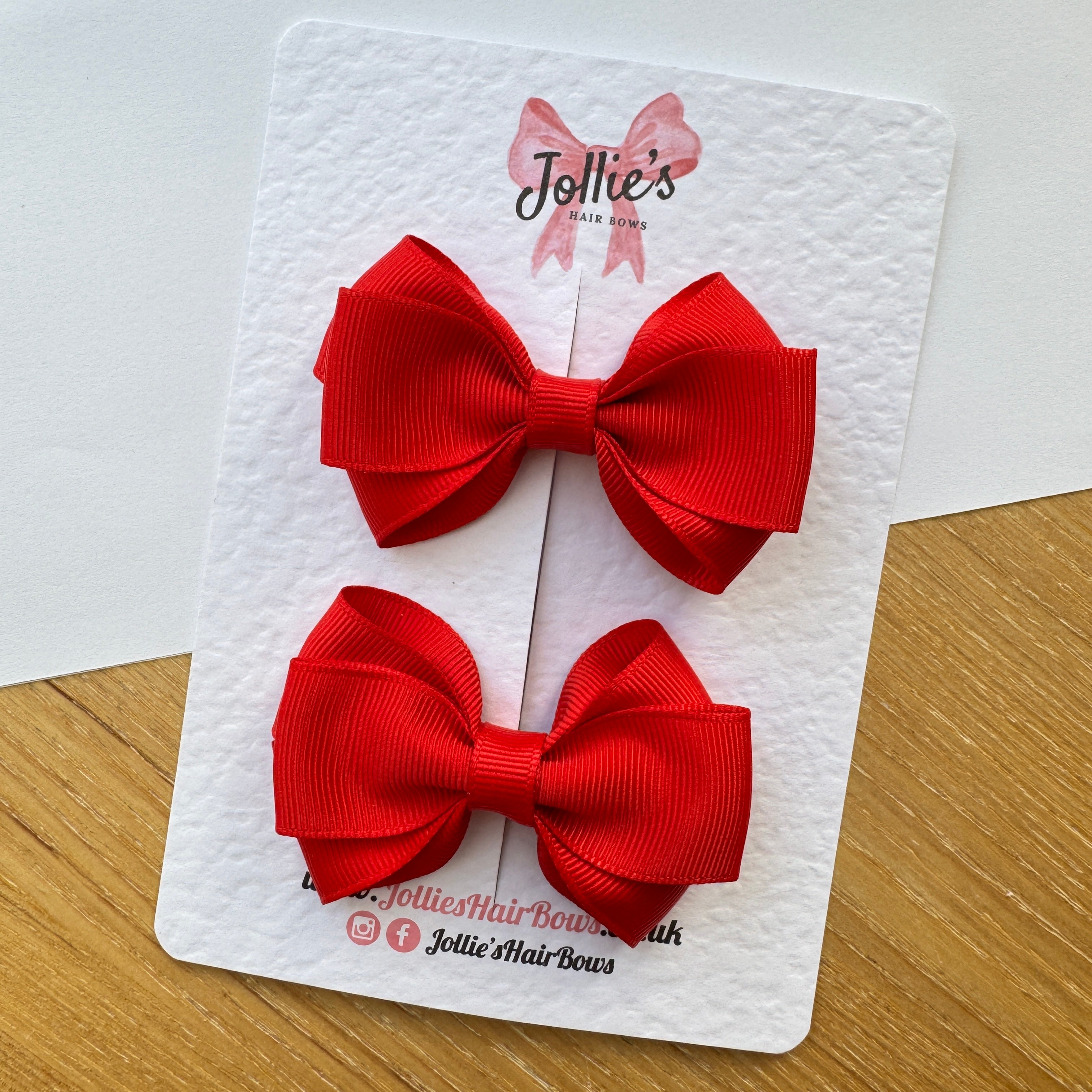 3" Red Double Loop Hair Bow Pair – Grosgrain Ribbon Clips with Teeth