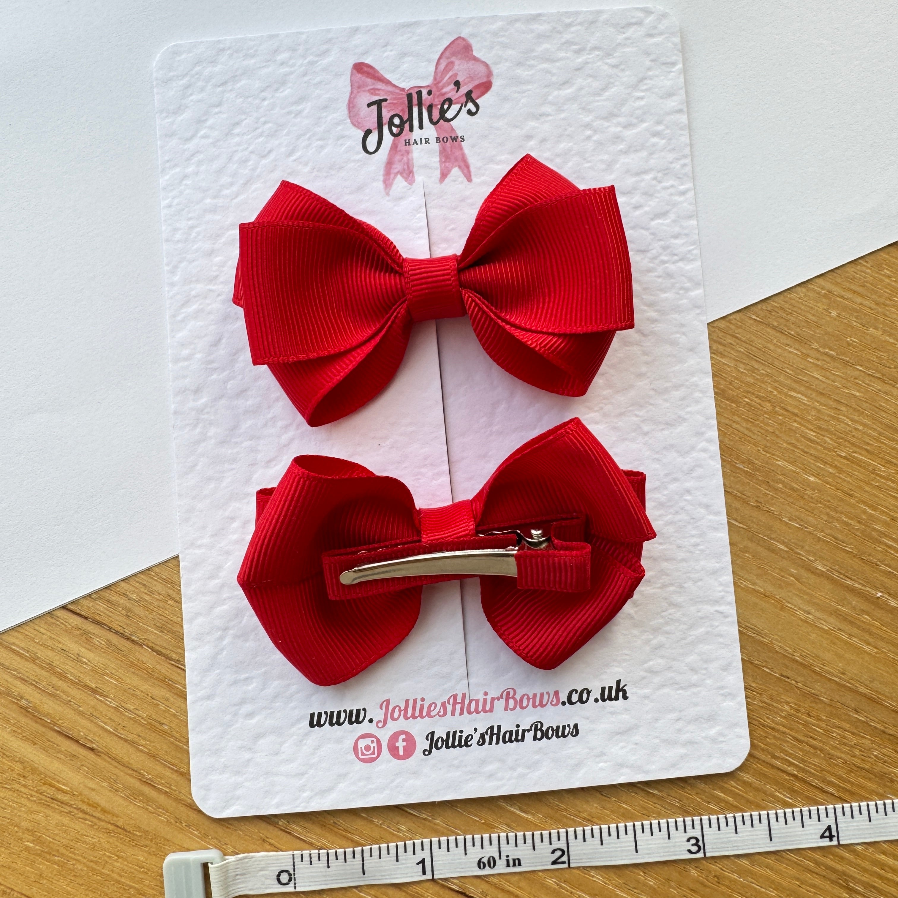3" Red Double Loop Hair Bow Pair – Grosgrain Ribbon Clips with Teeth