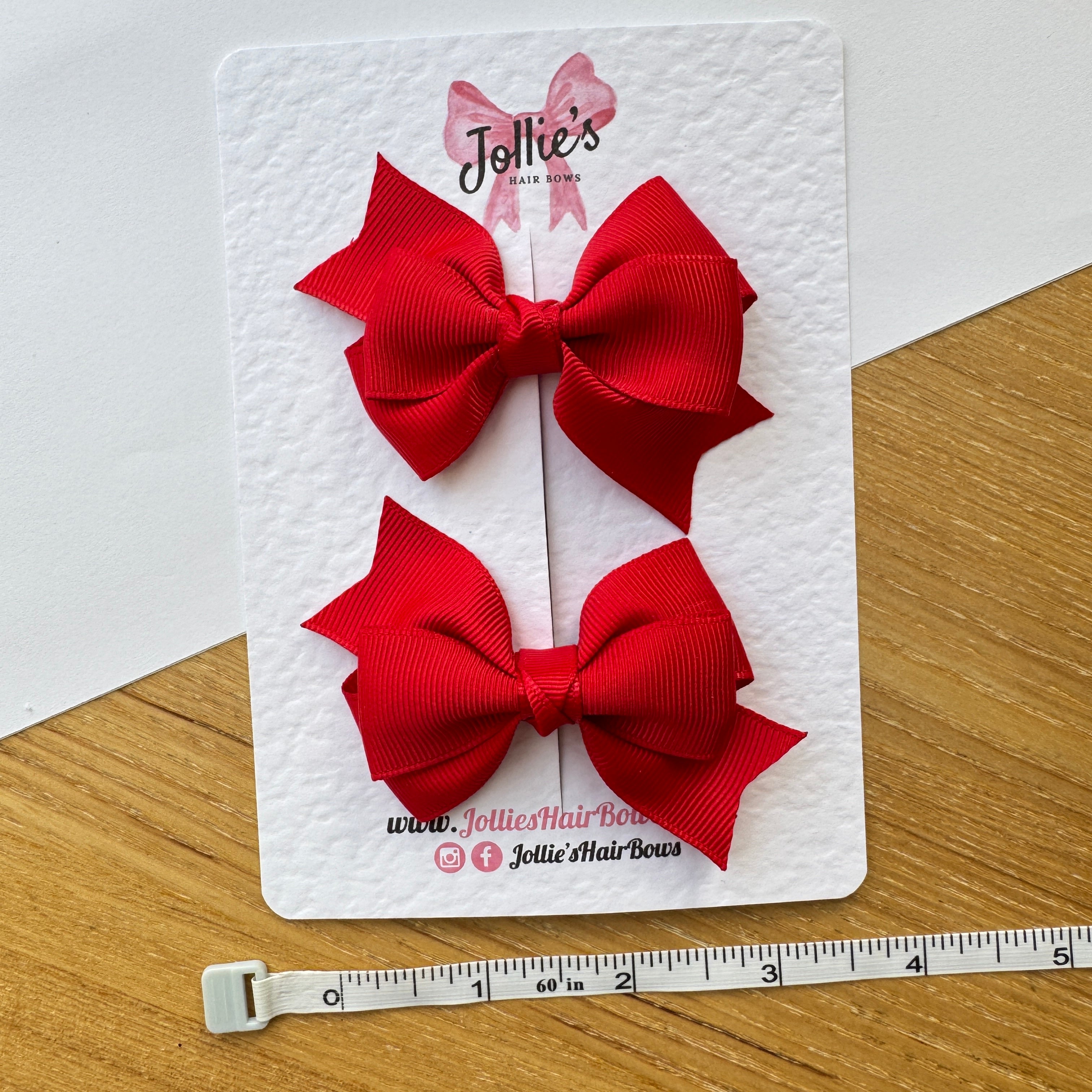 3" Red Tail-End Hair Bow Pair – Grosgrain Ribbon Clips with Teeth