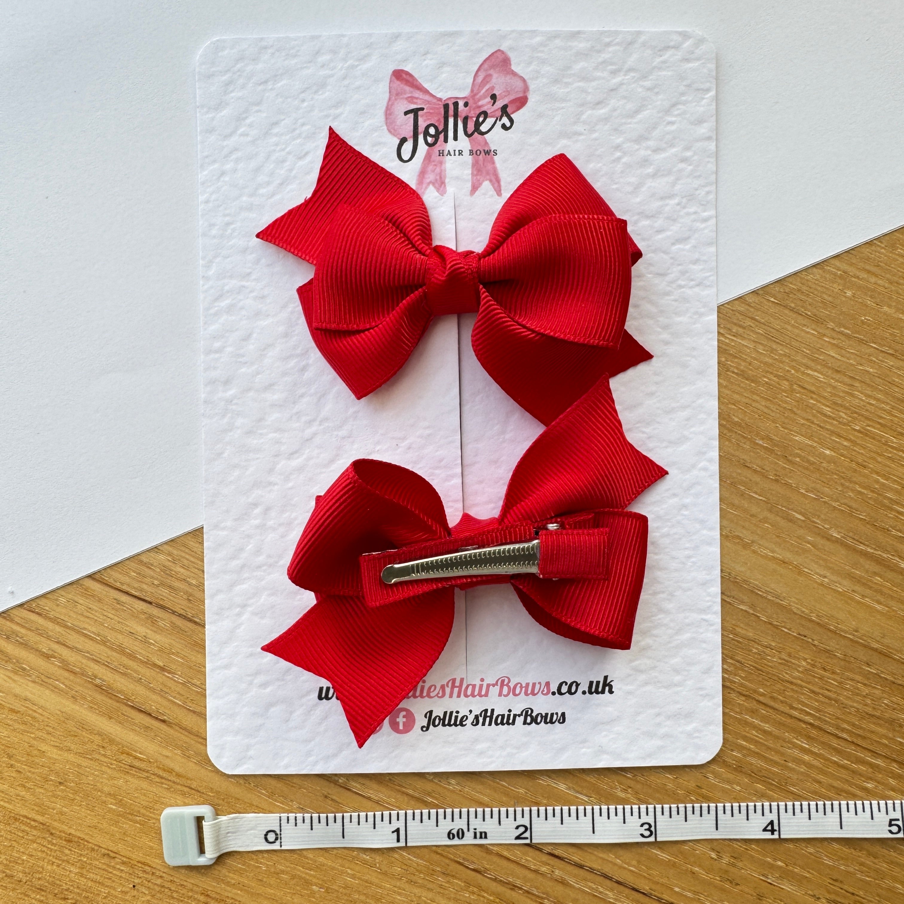 3" Red Tail-End Hair Bow Pair – Grosgrain Ribbon Clips with Teeth