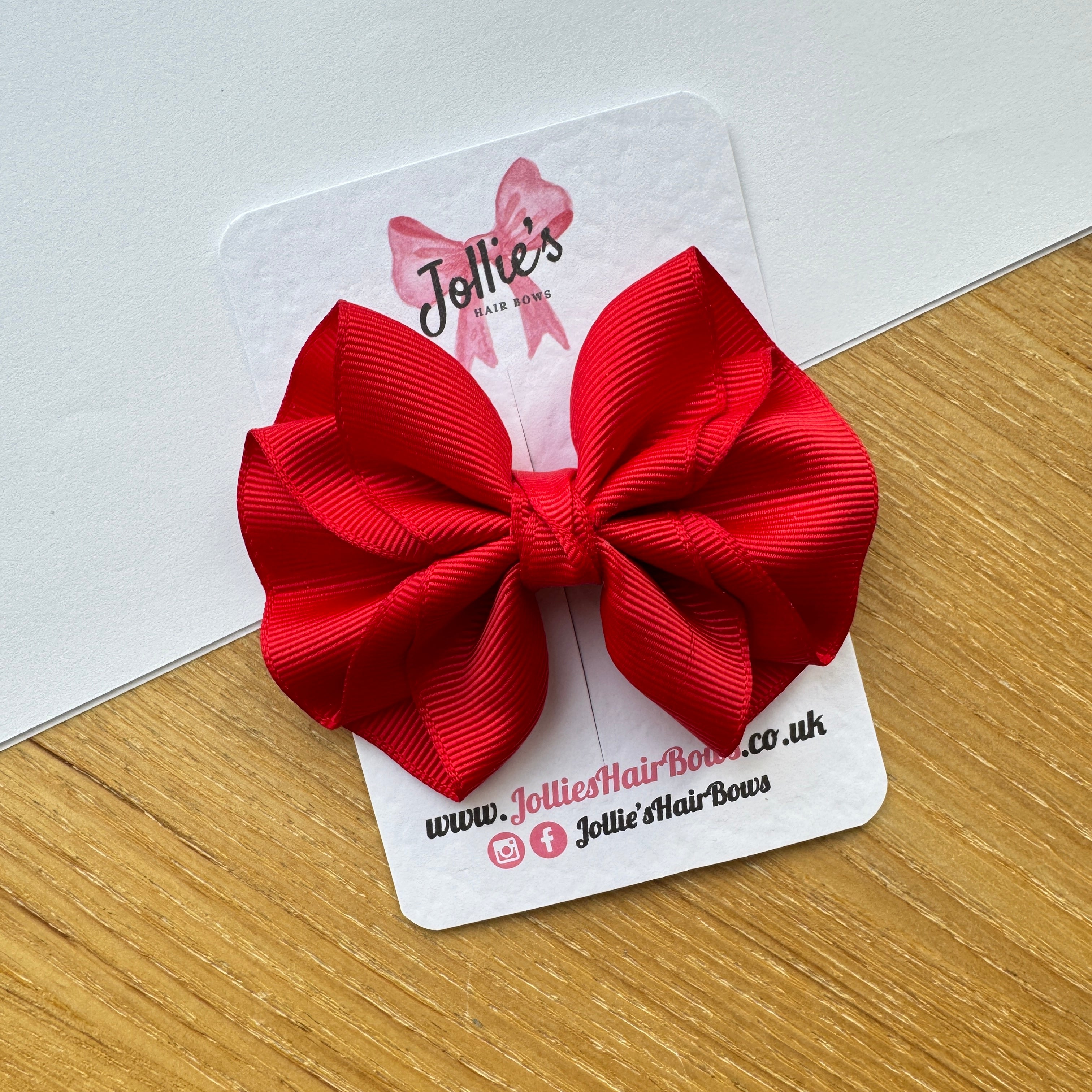 3.5" Red Layered Boutique Hair Bow – Grosgrain Ribbon Alligator Clip with Teeth