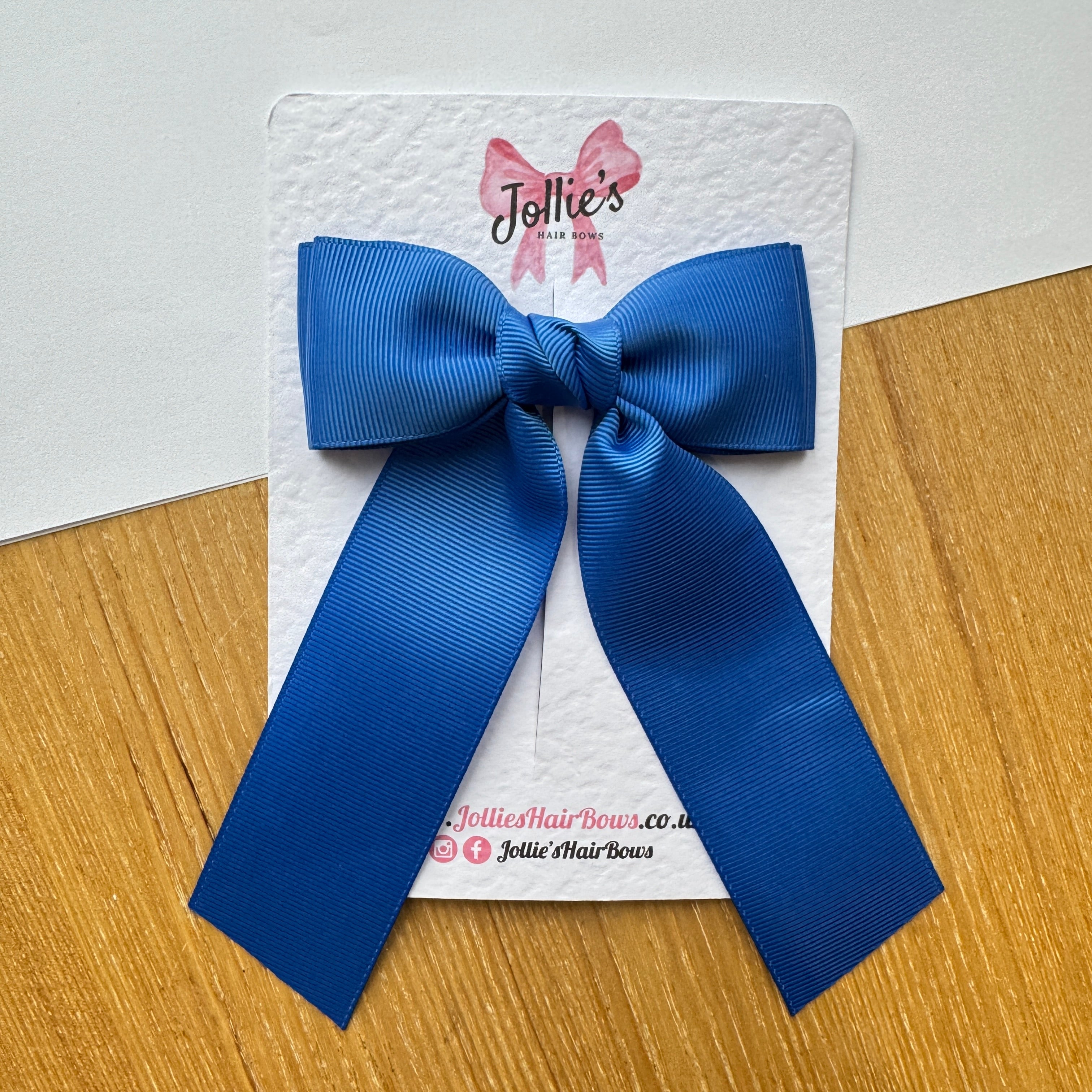 5" Royal Blue Long Tail School Hair Bow – Grosgrain Ribbon Clip with Teeth