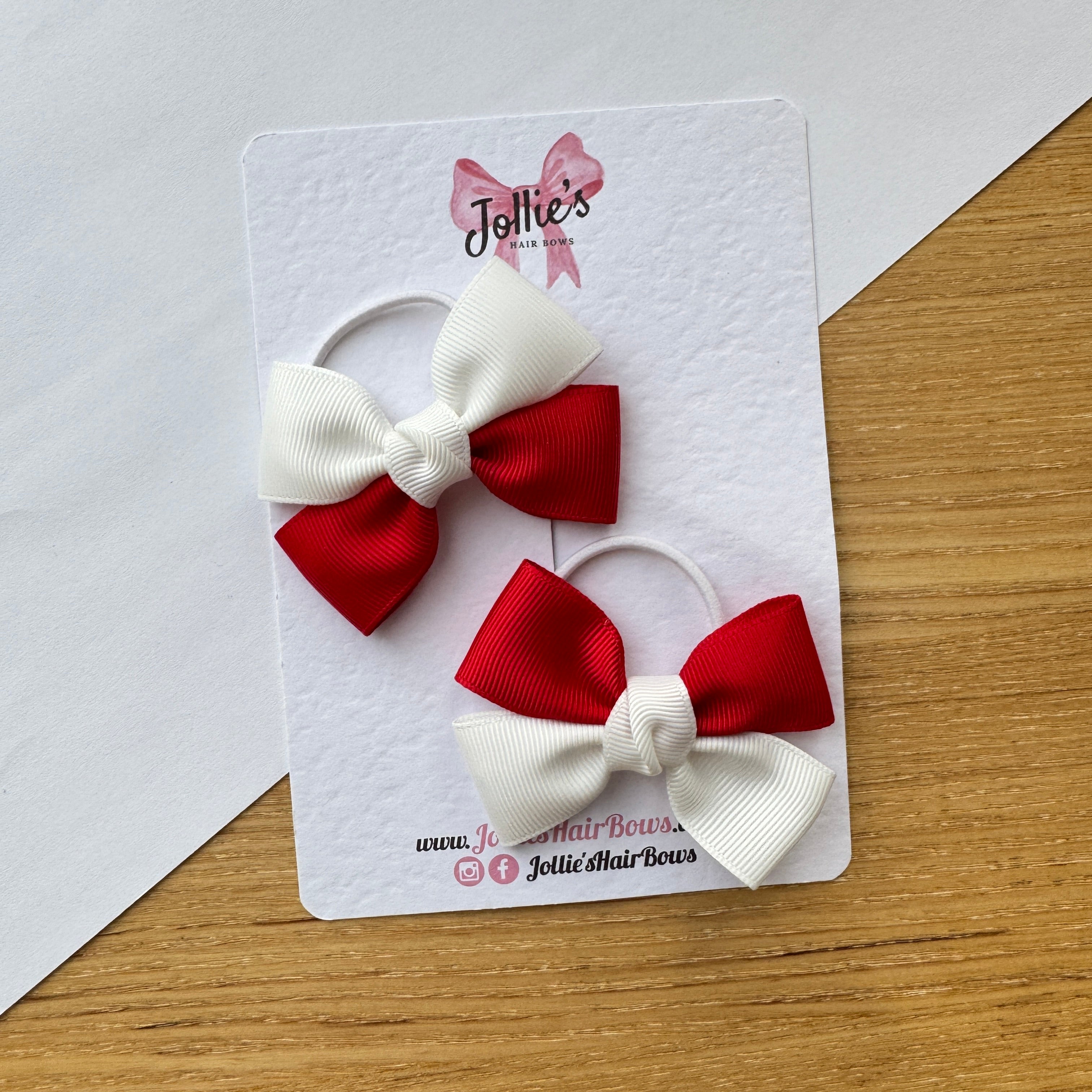2.5" Red & White Classic Hair Bow Pair – Grosgrain Ribbon on Thin Elastic