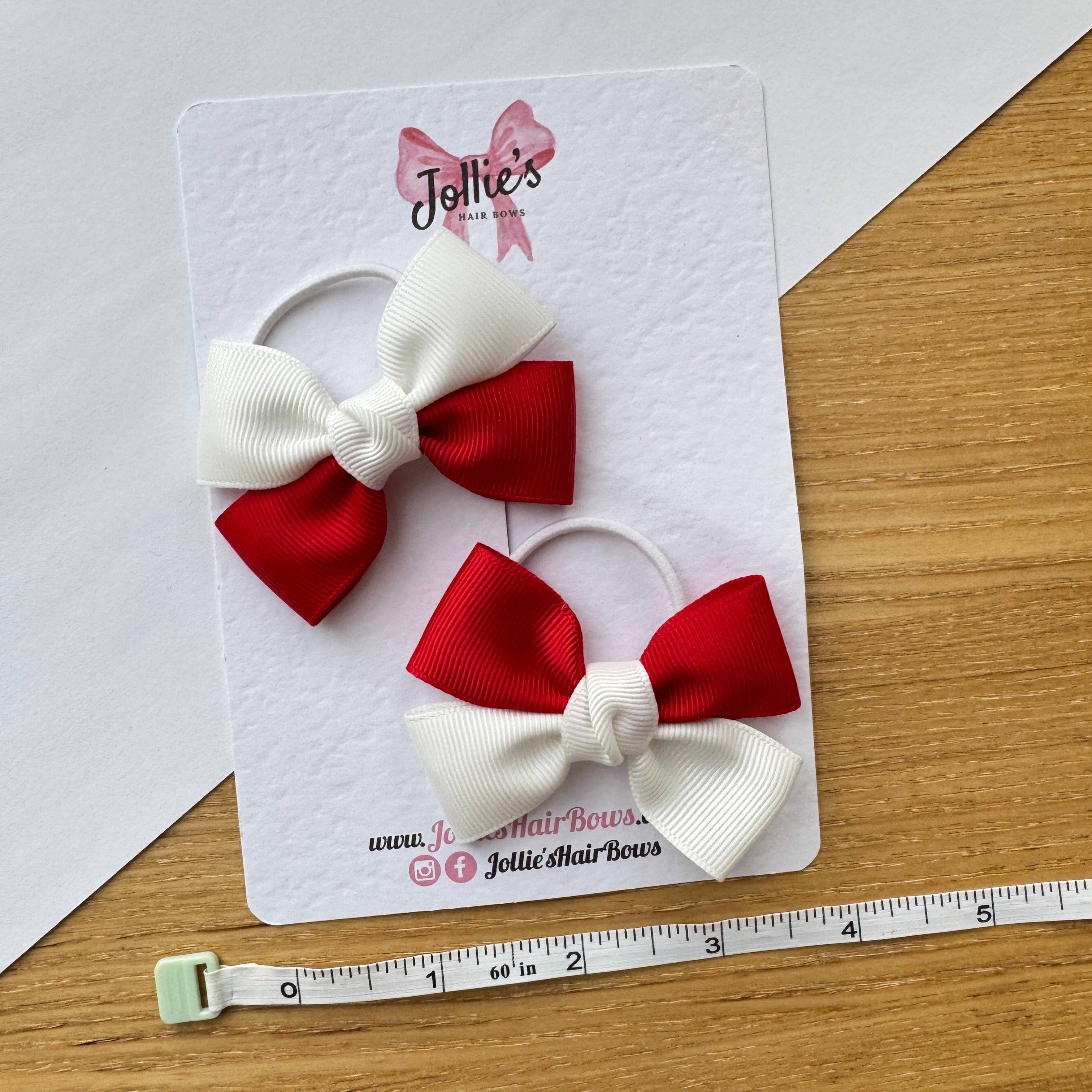 2.5" Red & White Classic Hair Bow Pair – Grosgrain Ribbon on Thin Elastic