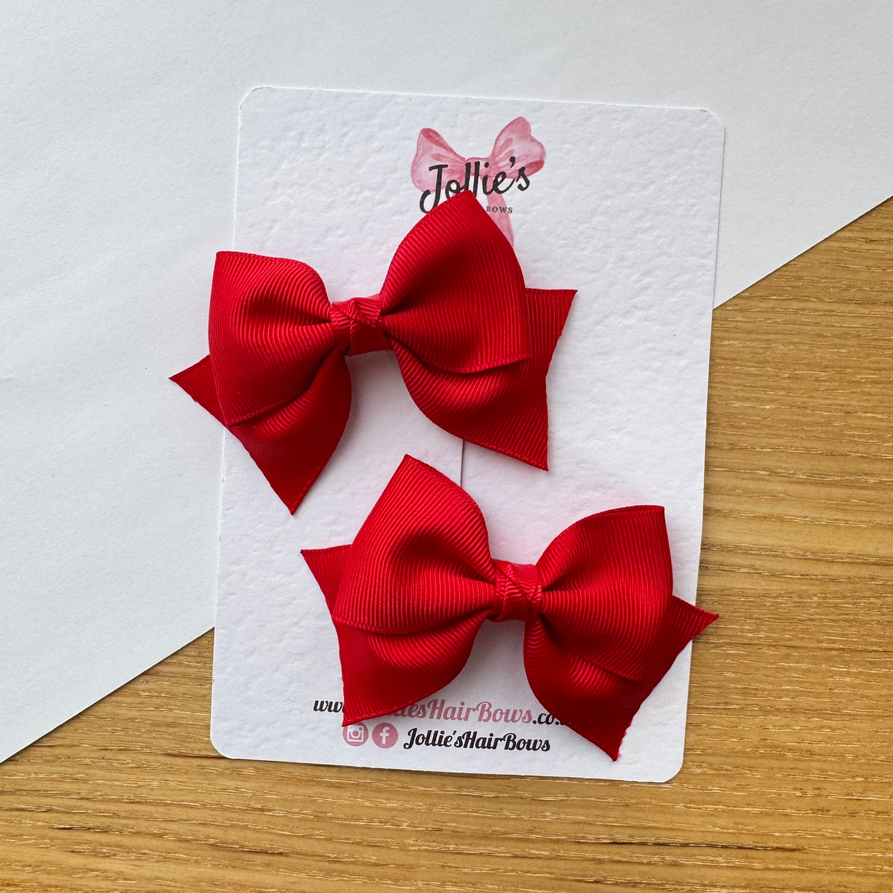 3" Red Layered Pointed-Tail Hair Bow Pair – Grosgrain Ribbon Clips with Teeth