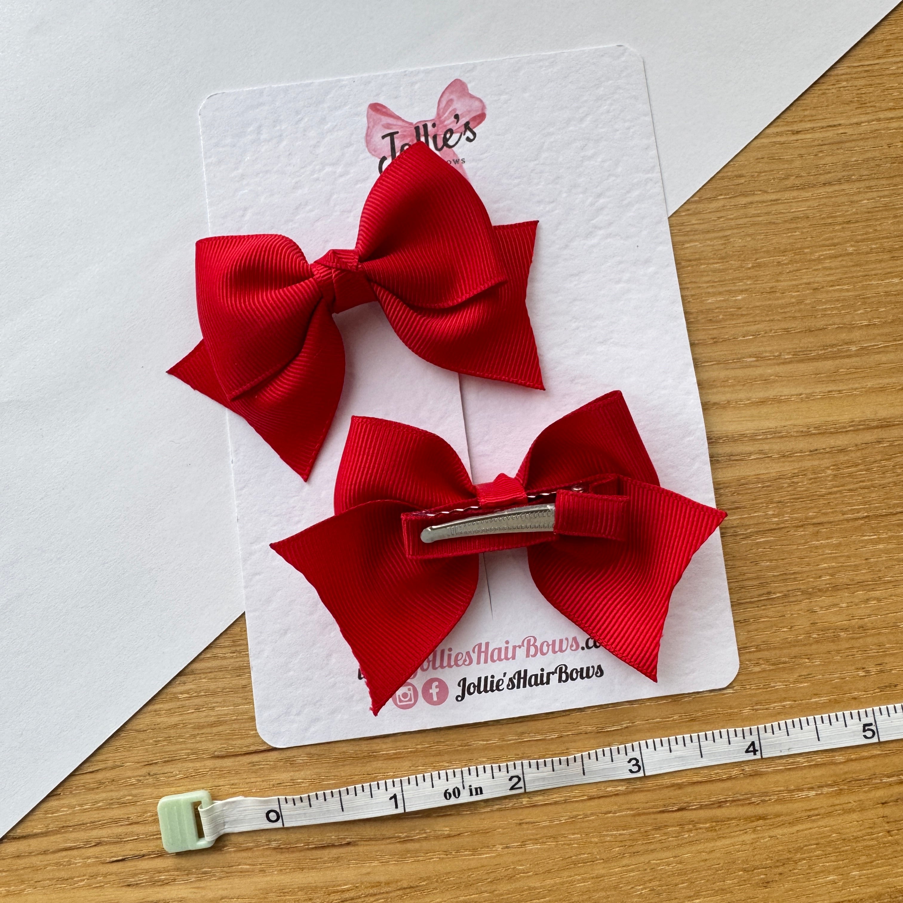 3" Red Layered Pointed-Tail Hair Bow Pair – Grosgrain Ribbon Clips with Teeth