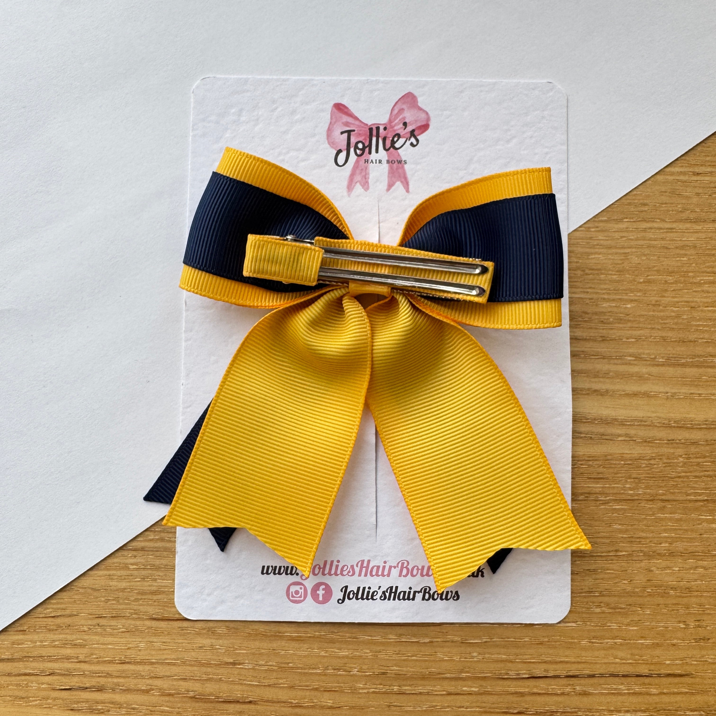 4.5" Yellow Gold & Navy Long Tail School Hair Bow – Grosgrain Ribbon with 2" Double Sponge Alligator Clip
