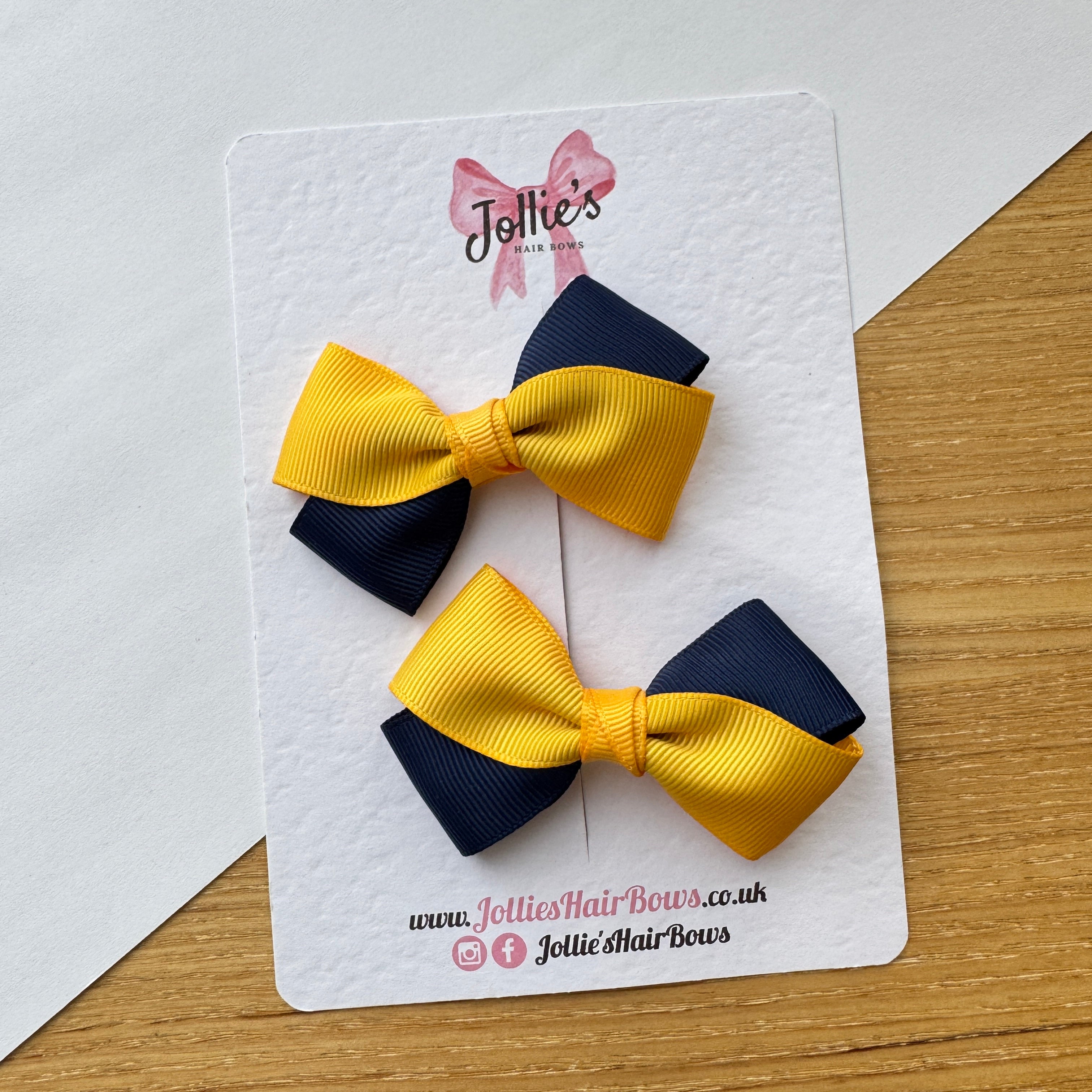 3" Yellow Gold & Navy Twisty Hair Bow Pair – Grosgrain Ribbon Clips with Teeth