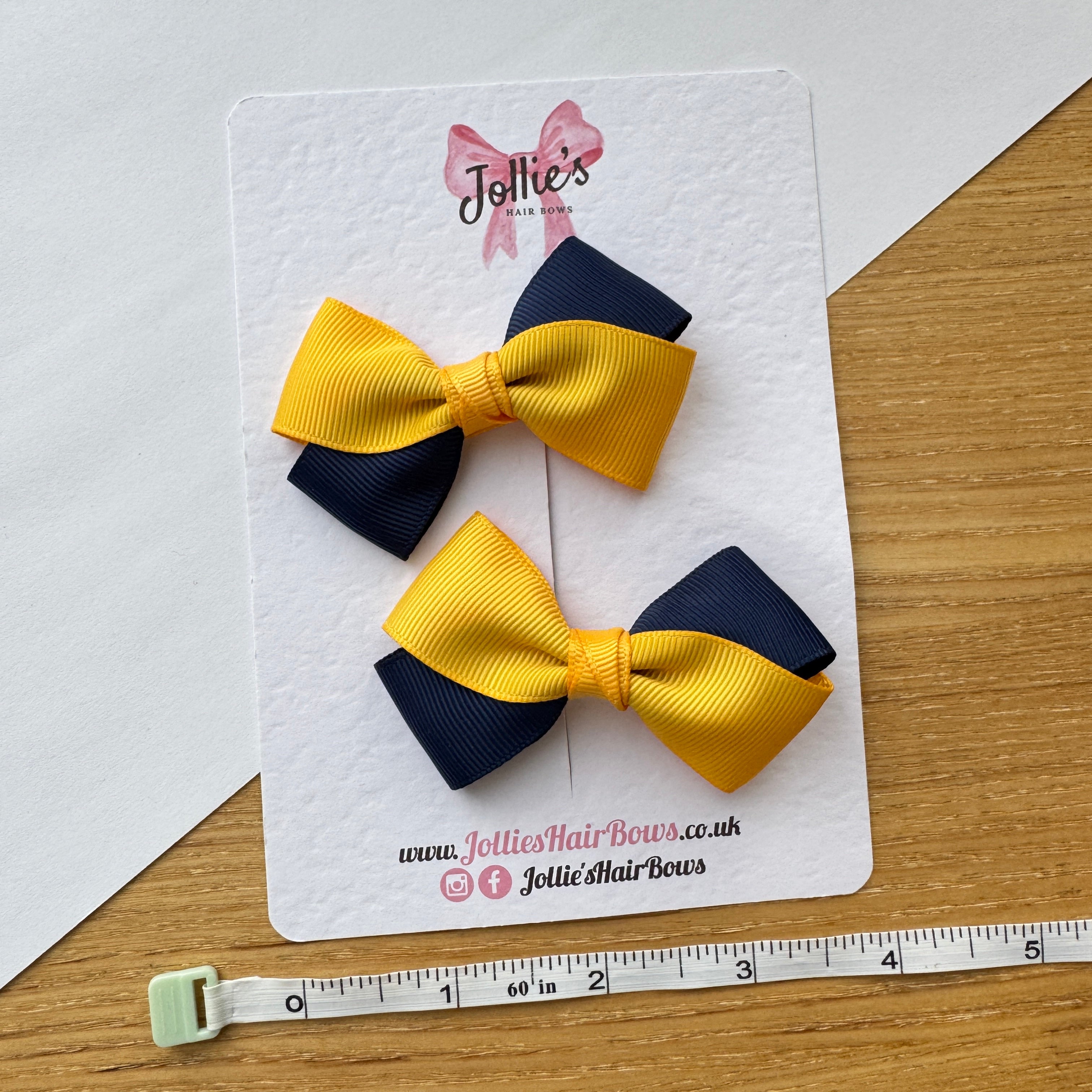 3" Yellow Gold & Navy Twisty Hair Bow Pair – Grosgrain Ribbon Clips with Teeth